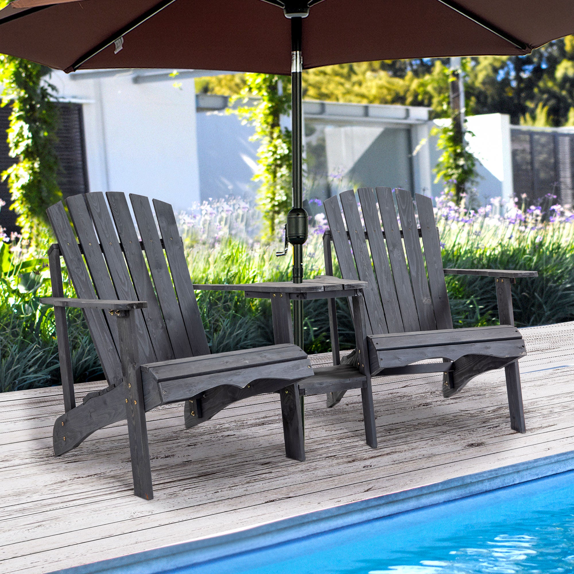 Outsunny Wooden Outdoor Double Adirondack Chairs Loveseat w/ Centre Table and Umbrella Hole, Garden Patio Furniture for Lounging and Relaxing, Dark Grey - North Peak Garden Furniture