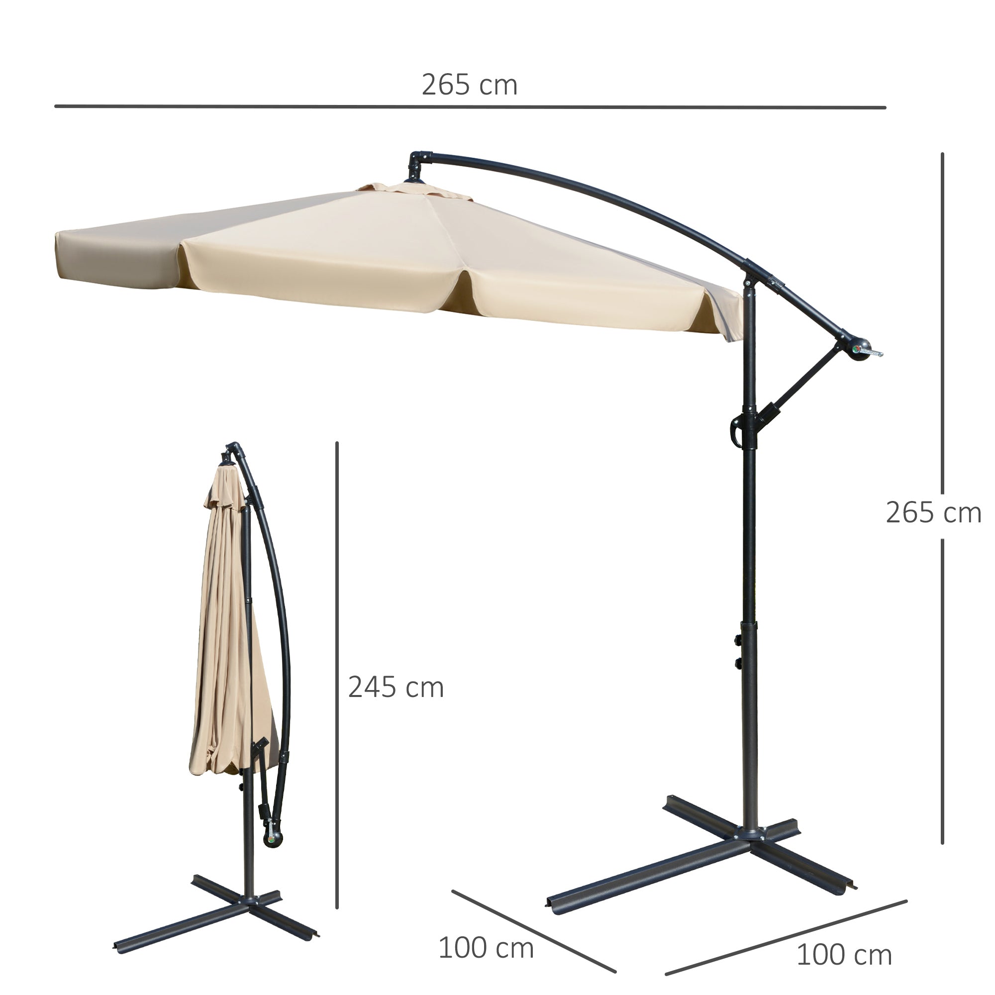Outsunny 2.7m Cantilever Parasol Banana Sun Umbrella with Crank Handle and Cross Base for Outdoor Hanging Sun Shade Light Brown - North Peak Garden Furniture
