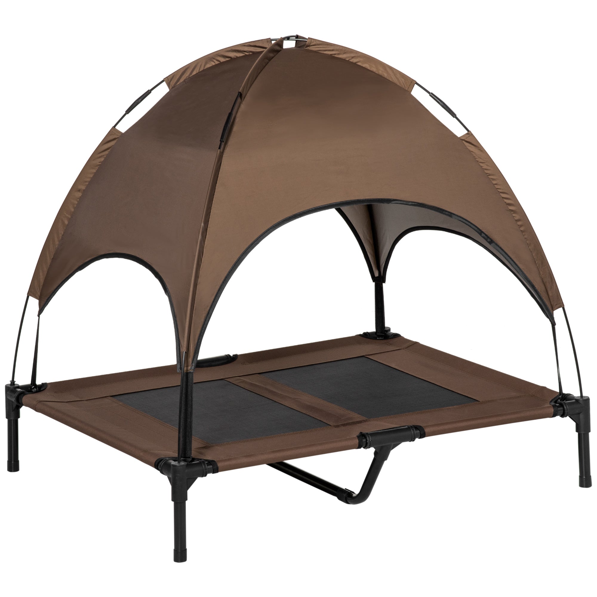 PawHut Raised Dog Bed Waterproof Elevated Pet Cot with Breathable Mesh UV Protection Canopy Coffee, for Large Dogs, 92 x 76 x 90cm - North Peak Garden Furniture
