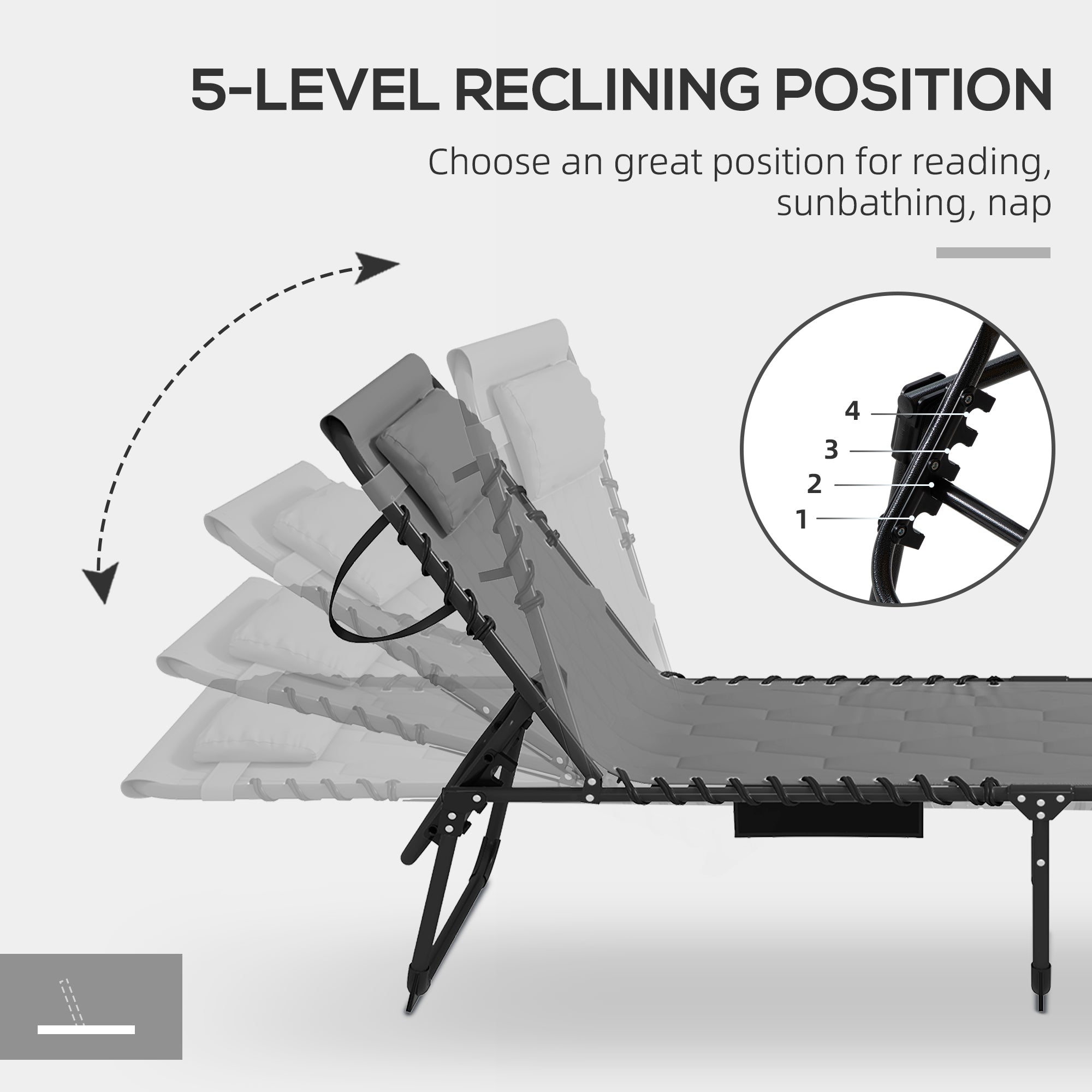 Outsunny Foldable Sun Lounger with 5-level Reclining Back, Outdoor Tanning Chair Sun Lounger with Build-in Padded Seat, Side Pocket, Headrest for Beach, Yard, Patio, Grey - North Peak Garden Furniture