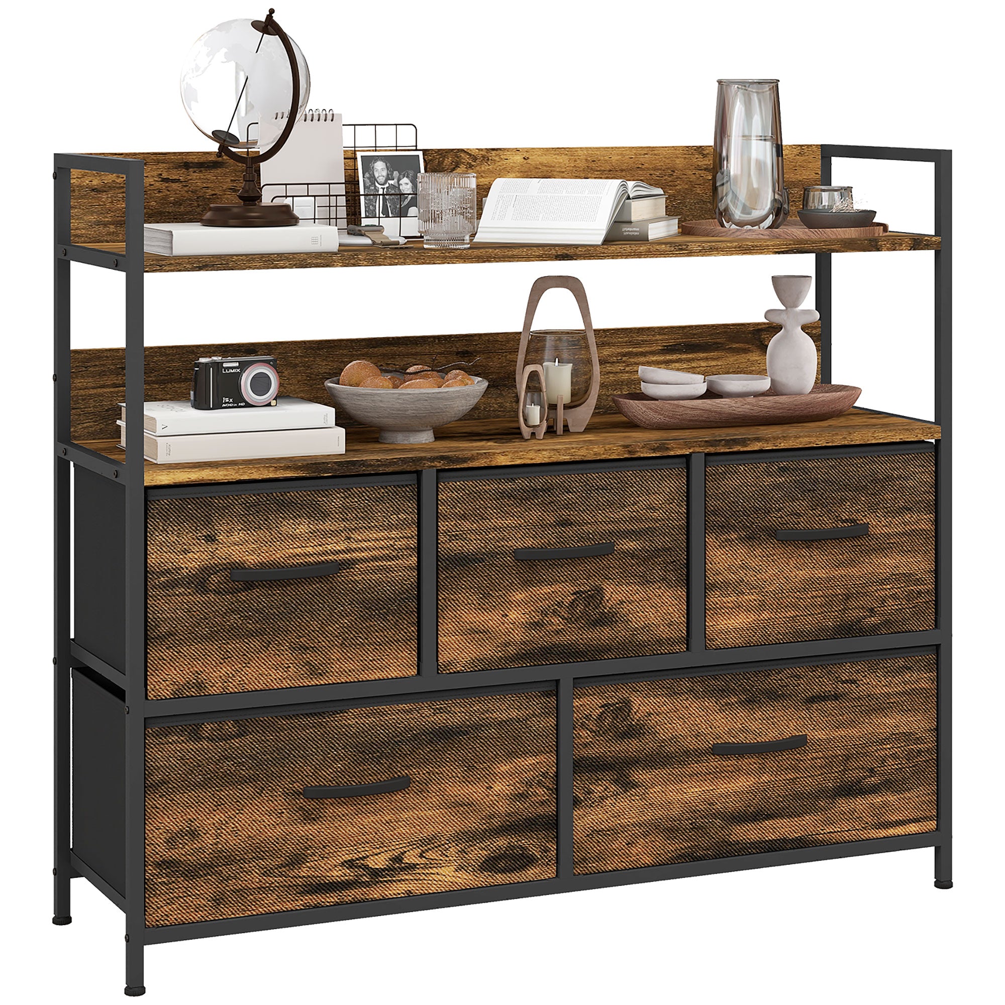 HOMCOM Rustic Chest of Five Fabric Drawers - Rustic Brown - North Peak Garden Furniture