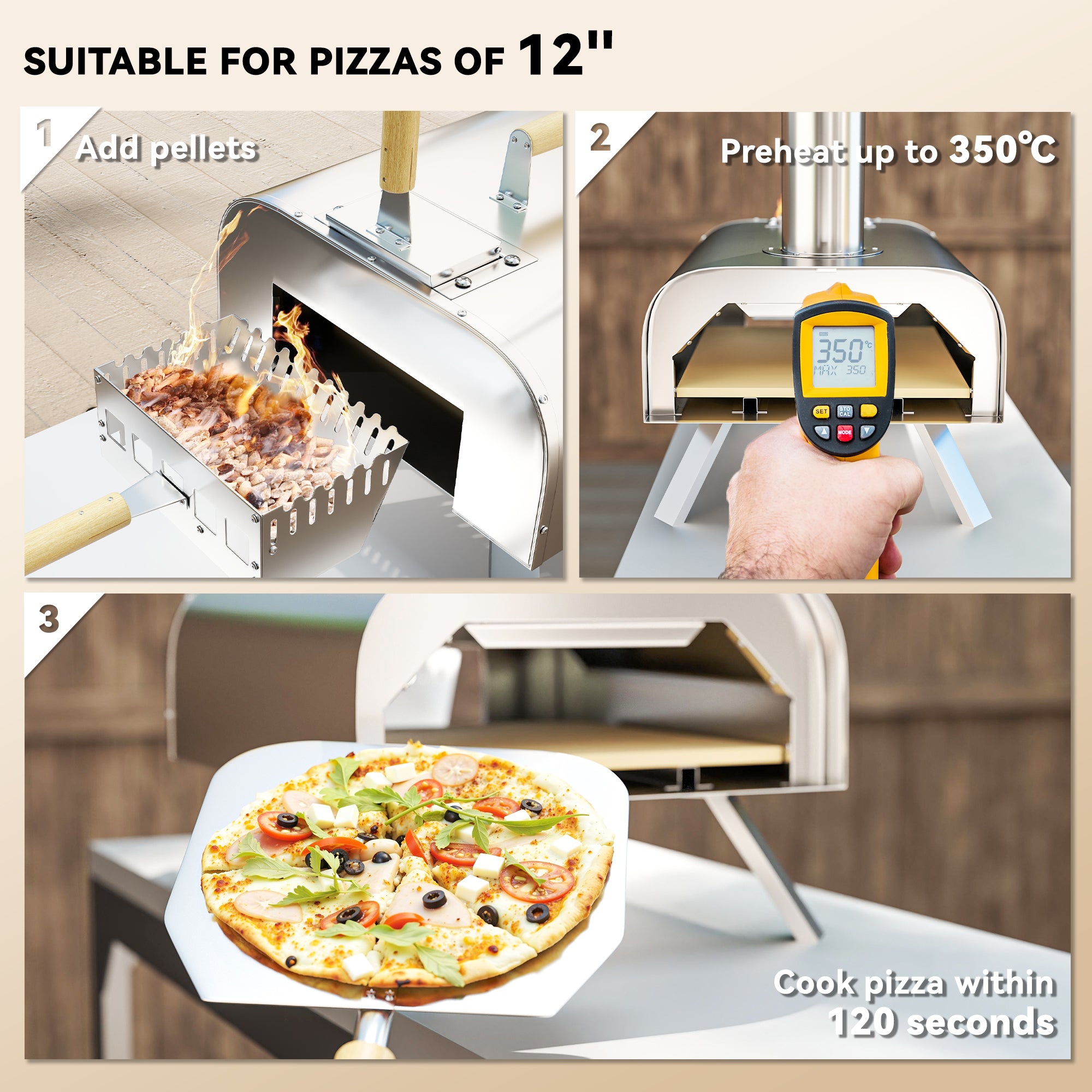 Outsunny Outdoor Pizza Oven, Portable Wood Pellet Pizza Oven with Pizza Stone and Peel, Foldable Legs, Chimney, 12 Inch Wood Fired Pizza Maker for Outdoor Cooking, Stainless Steel - North Peak Garden Furniture