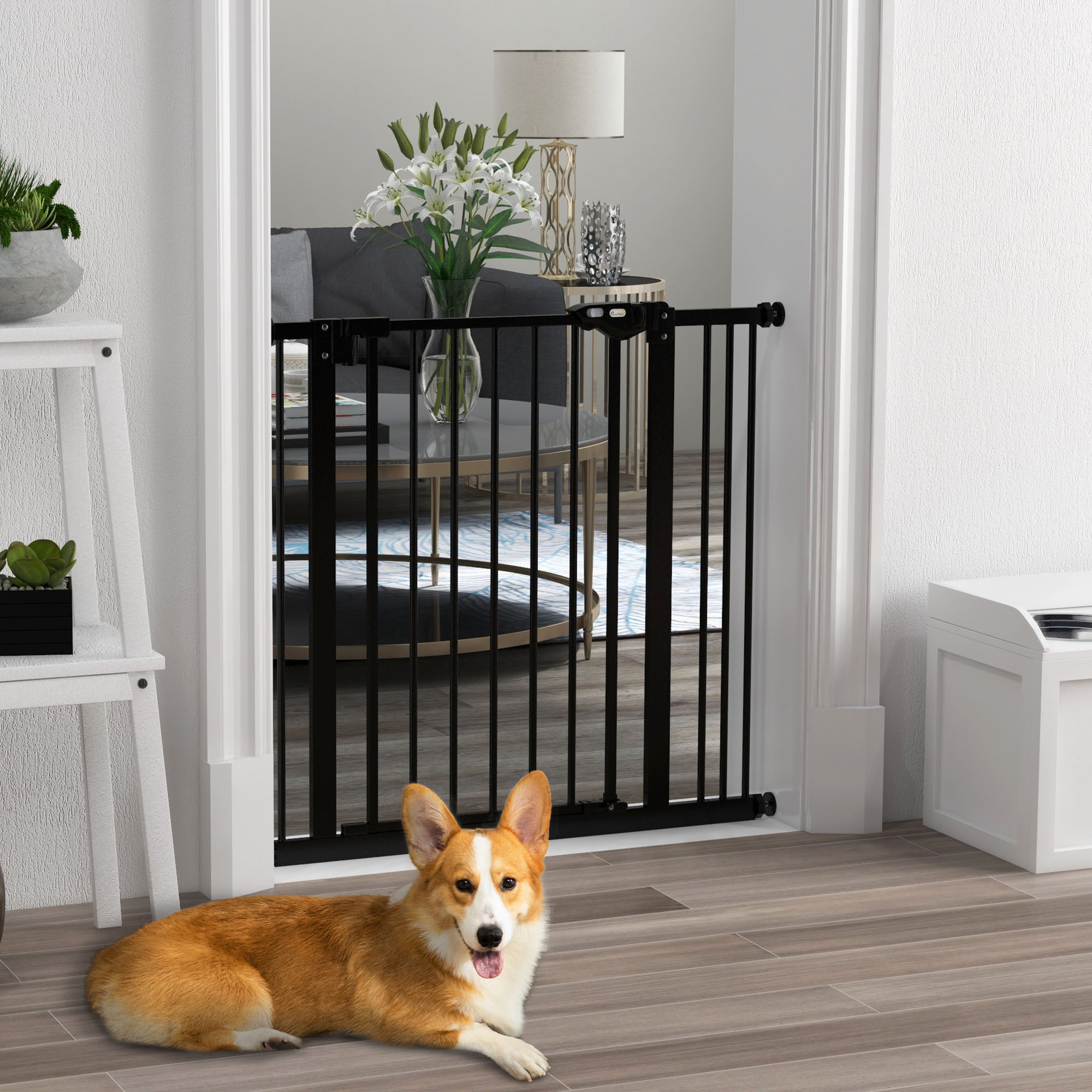 PawHut Metal 74-87cm Wide Adjustable Dog Gate Black - North Peak Garden Furniture
