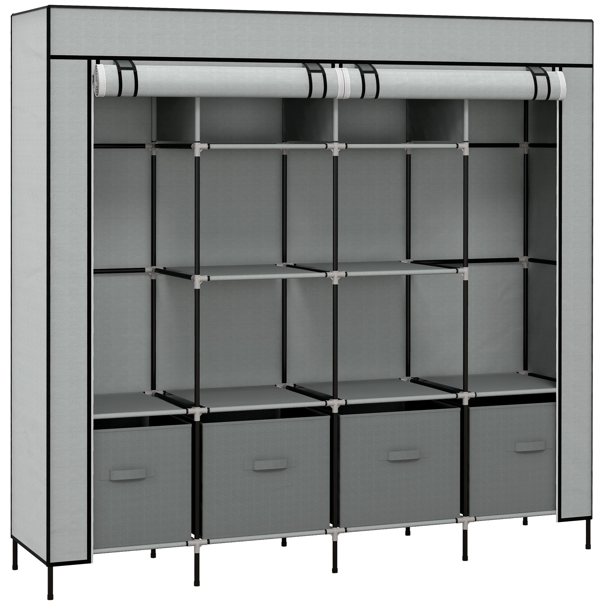 HOMCOM Fabric Wardrobe for Bedroom, Portable Cloth Wardrobe with 10 Compartments, 2 Hanging Rails and 4 Fabric Drawers, 166 x 42.5 x 169.5cm, Dark Grey - North Peak Garden Furniture
