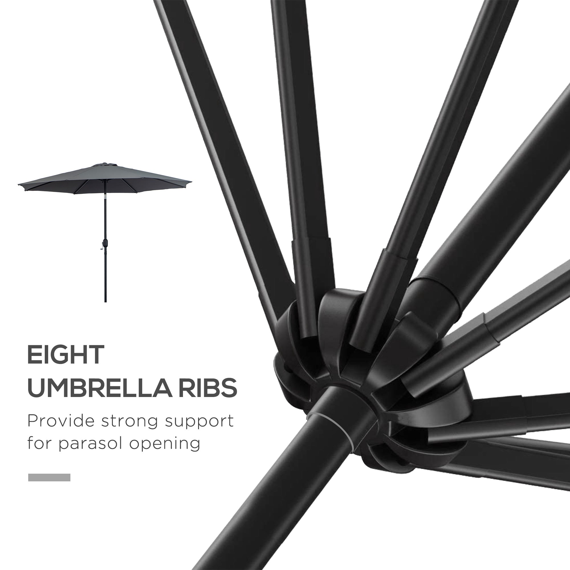 Outsunny 3(m) Tilting Parasol Garden Umbrellas, Outdoor Sun Shade with 8 Ribs, Tilt and Crank Handle for Balcony, Bench, Garden, Dark Grey - North Peak Garden Furniture