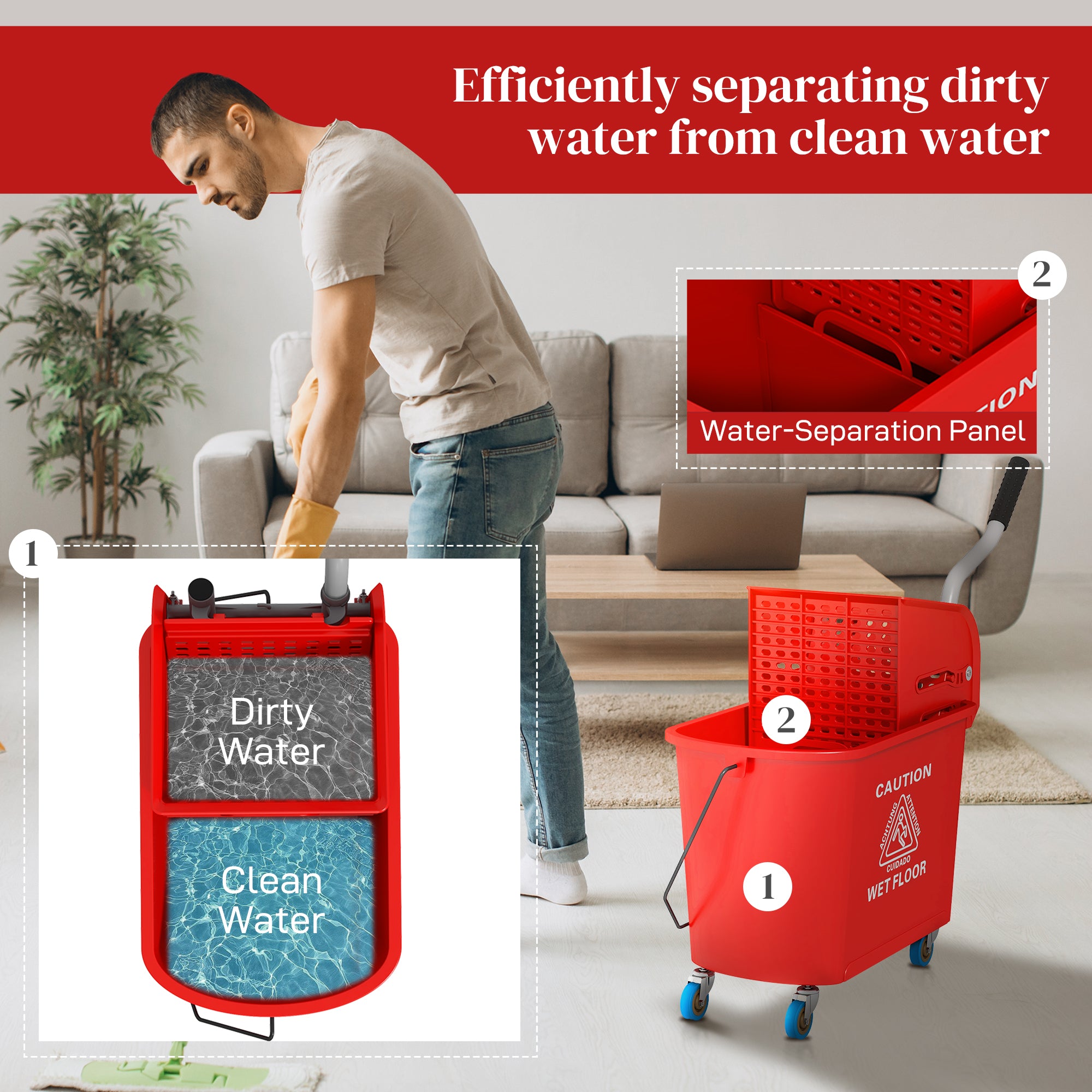 HOMCOM 20L Mop Bucket on Wheels, with Water Separation Panel - Red - North Peak Garden Furniture