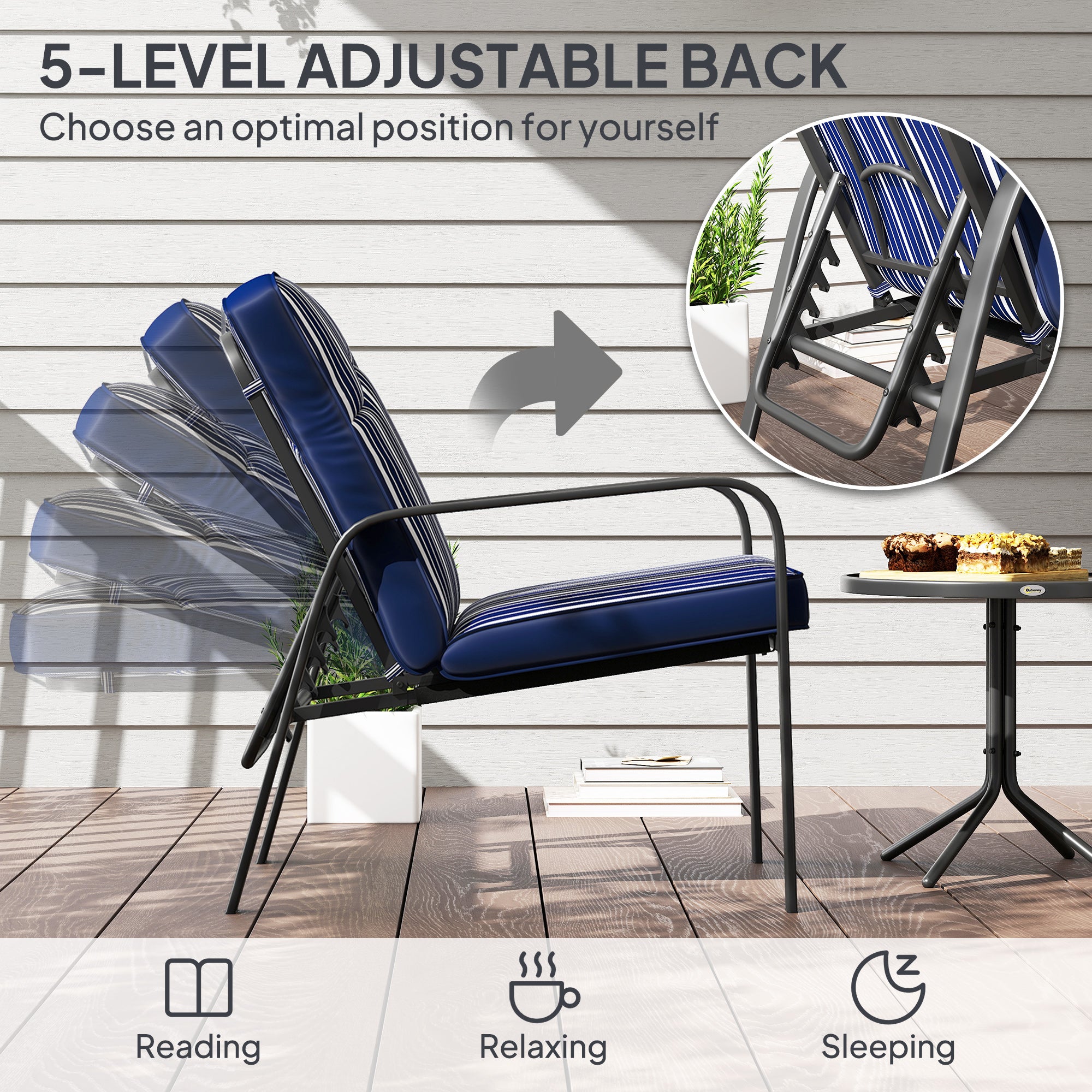 Outsunny 3-Piece Patio Bistro Set, 5-Position Adjustable Recliner Garden Chairs and Tempered Glass Table, Garden Furniture Set with Cushions, High Back, Armrests, Metal Frame for Balcony Patio, Blue - North Peak Garden Furniture