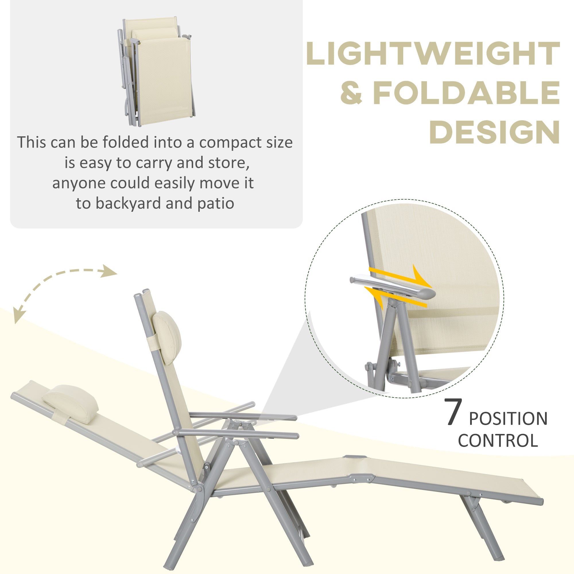 Outsunny Steel Fabric Sun Lounger Outdoor Folding Chaise Lounge Chair Recliner with Portable Design & 7 Adjustable Backrest Positions - Beige - North Peak Garden Furniture
