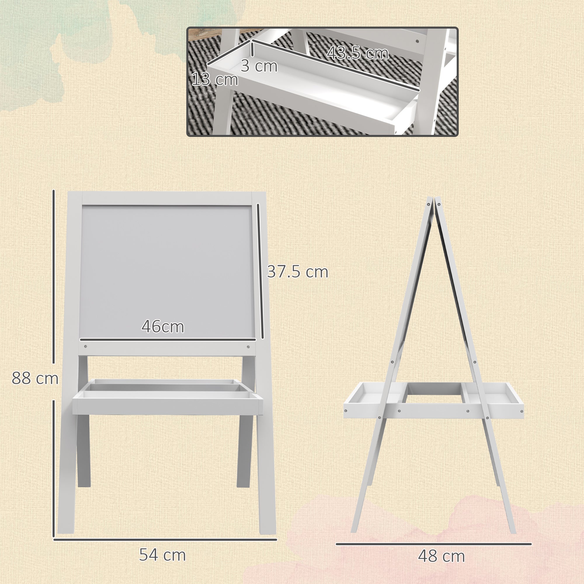 AIYAPLAY Kids Easel, Art Easel with Double Sided Whiteboard, Chalkboard, Storage, 2 in 1 Standing Easel for Toddlers 18-48 Months, White