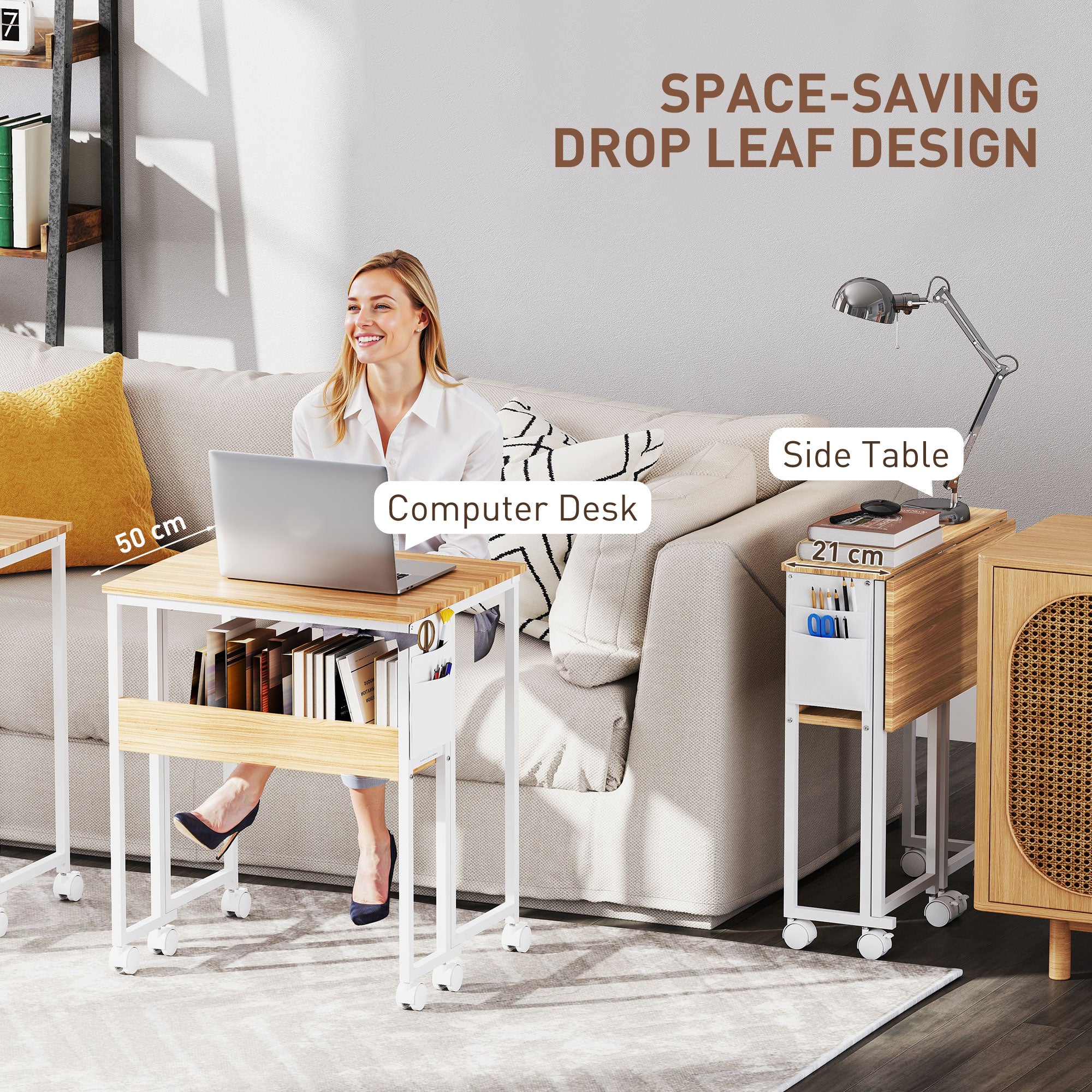 HOMCOM 63 cm Drop Leaf Writing Work Desk - Natural Wood Finish - North Peak Garden Furniture
