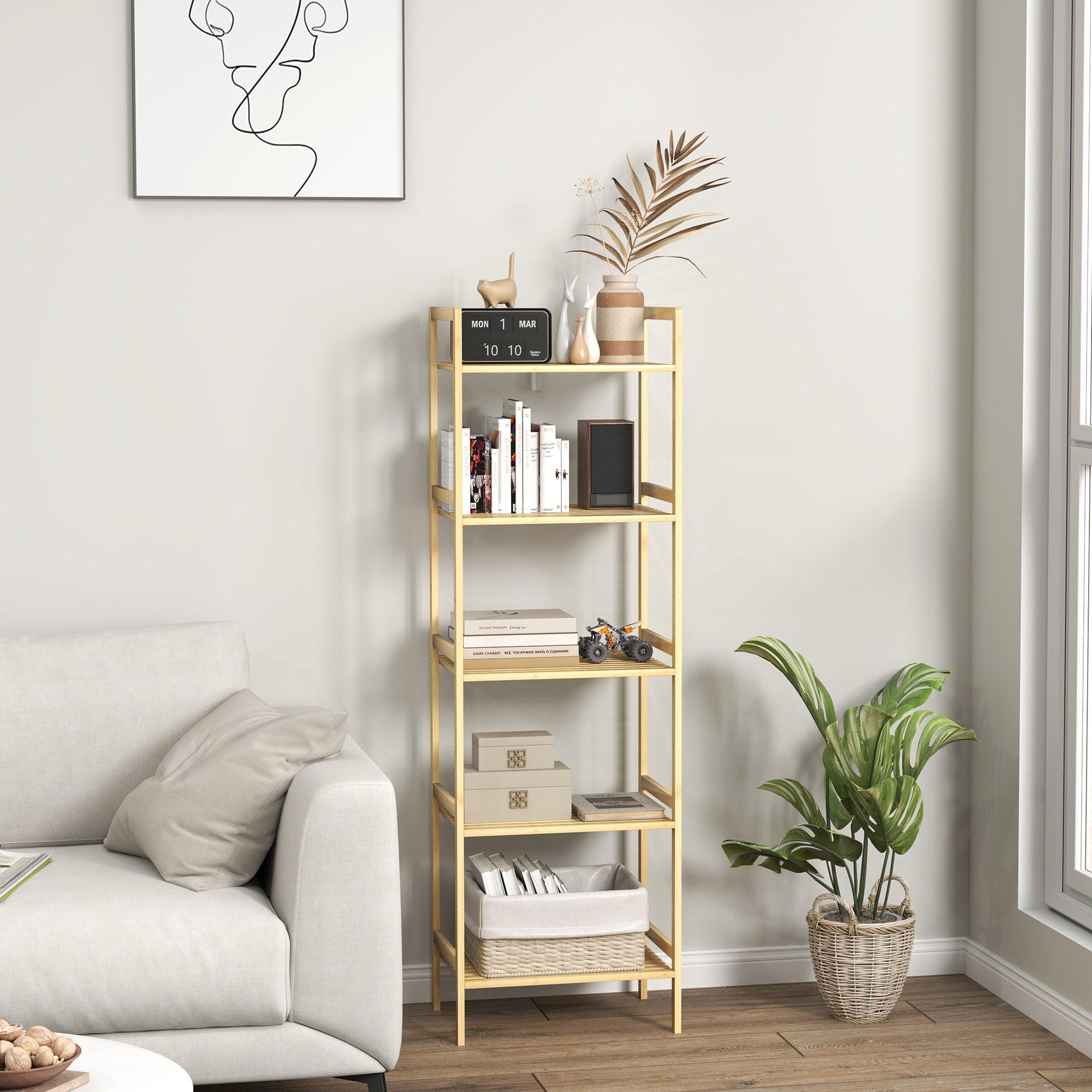 HOMCOM 5-Tier Bamboo Bathroom Storage Shelf, Freestanding Shelving Unit with Adjustable Rack for Kitchen Bathroom Living Room, Natural Wood Finish - North Peak Garden Furniture