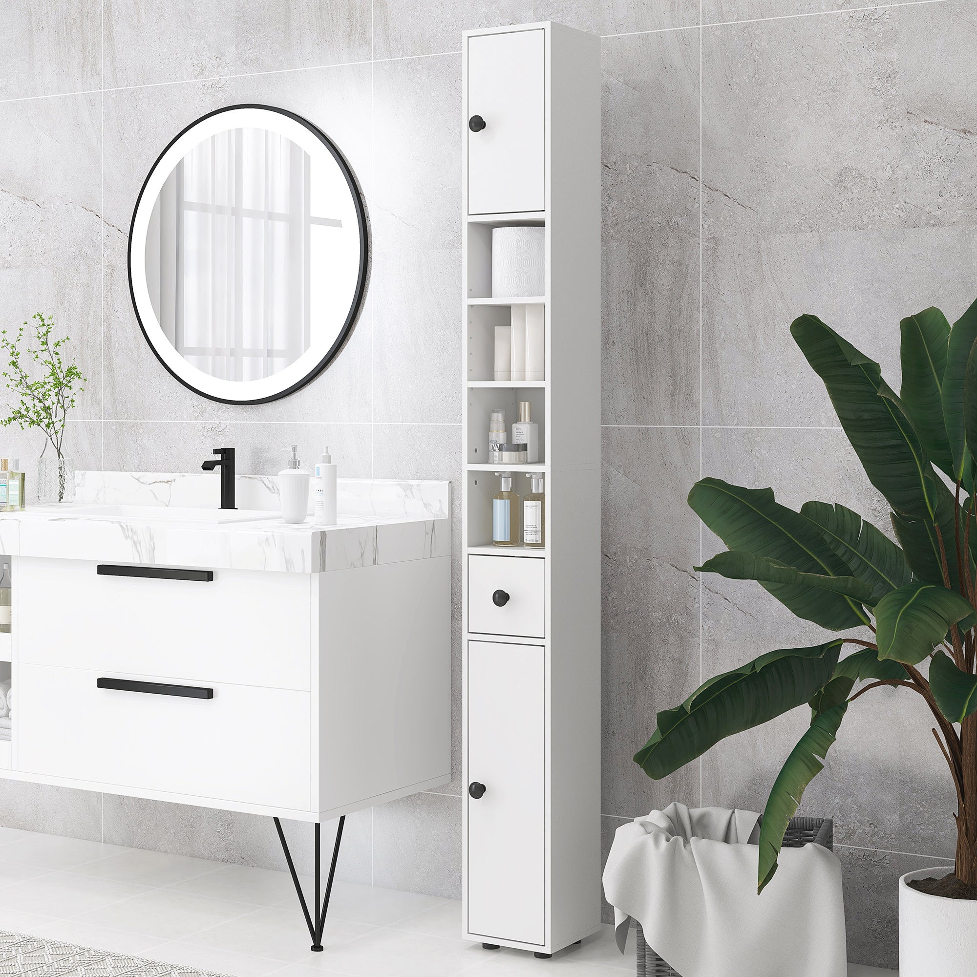 kleankin 180cm Tall Bathroom Cabinet, Slim Bathroom Storage Cabinet with 4 Open Shelves, 2 Door Cupboards and Adjustable Shelves, White - North Peak Garden Furniture