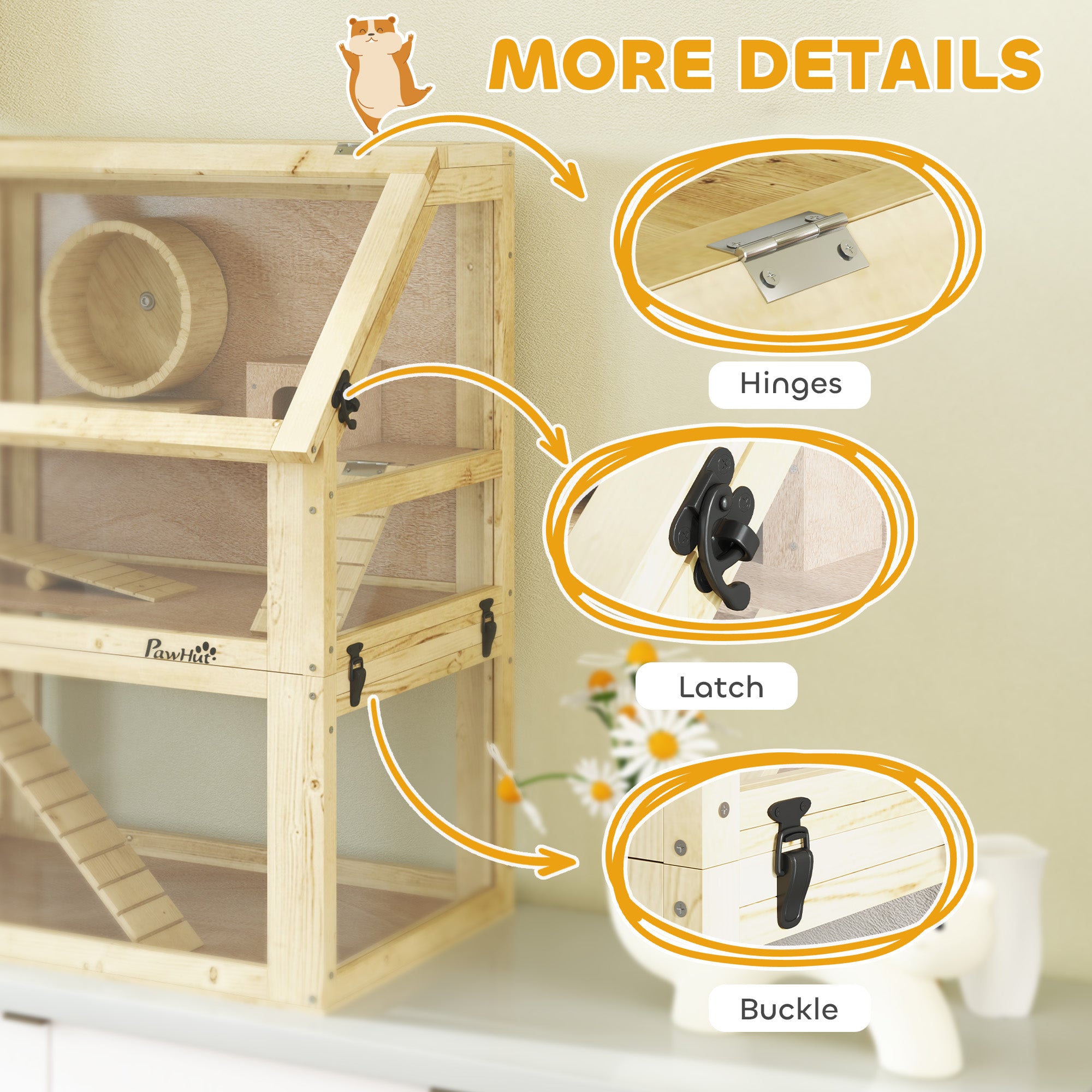 PawHut Wooden Hamster Cage with Detachable 32cm Deep Bottom, Hut, Seesaw, Exercise Wheel, Ramps, 60 x 40 x 75cm - North Peak Garden Furniture