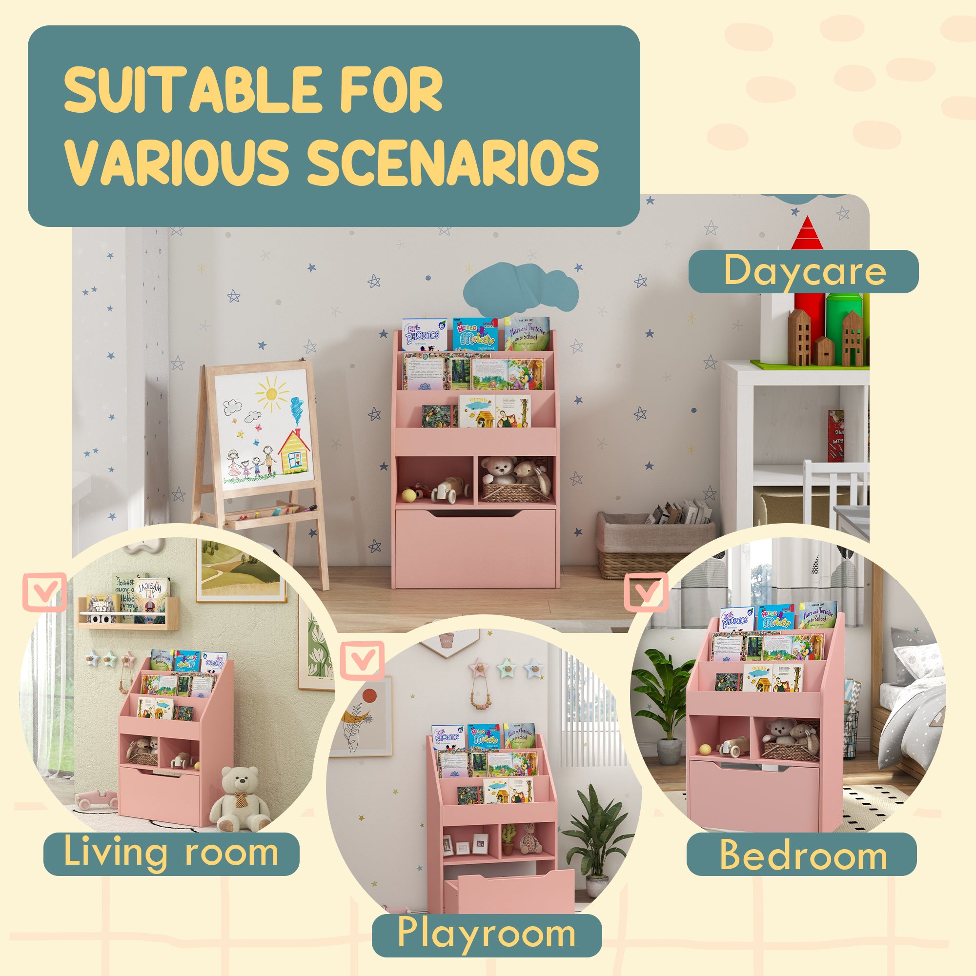 HOMCOM Kids Bookshelf, Toy Organiser, with Storage Drawer, Wheels - Pink - North Peak Garden Furniture