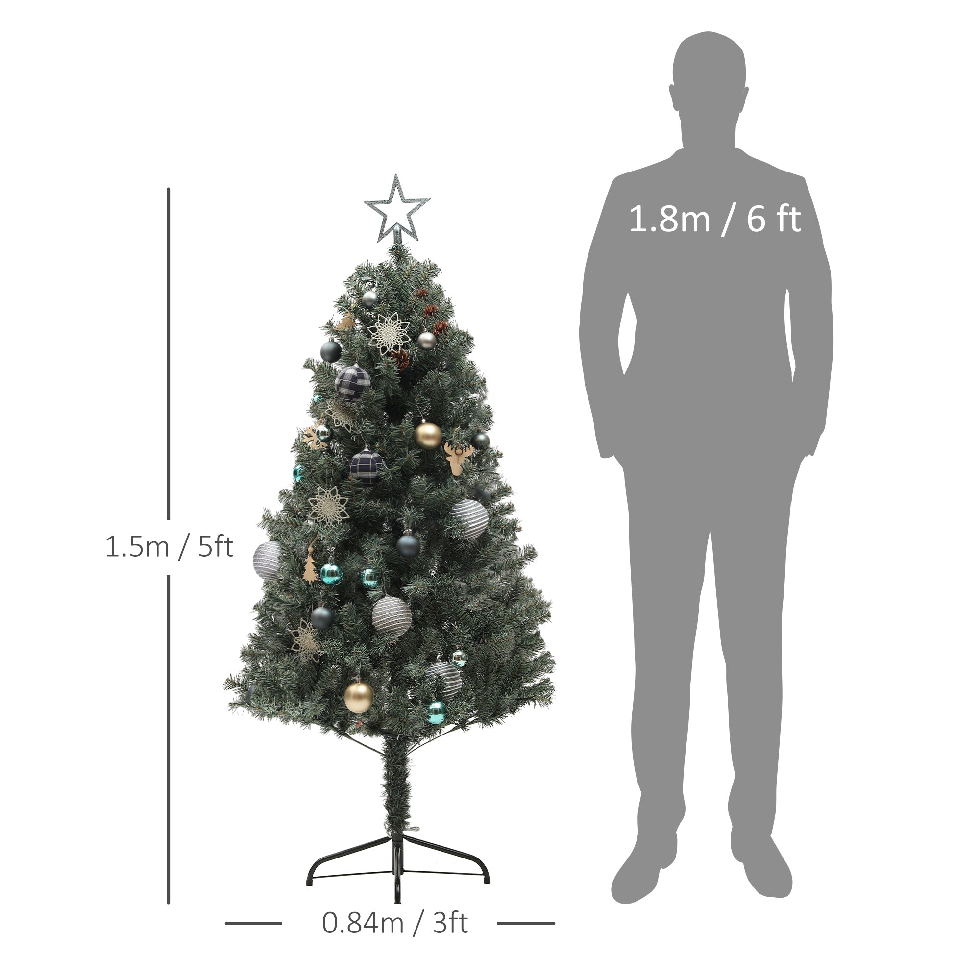 HOMCOM 5ft Pre-Lit and Xmas Tree with Decorations