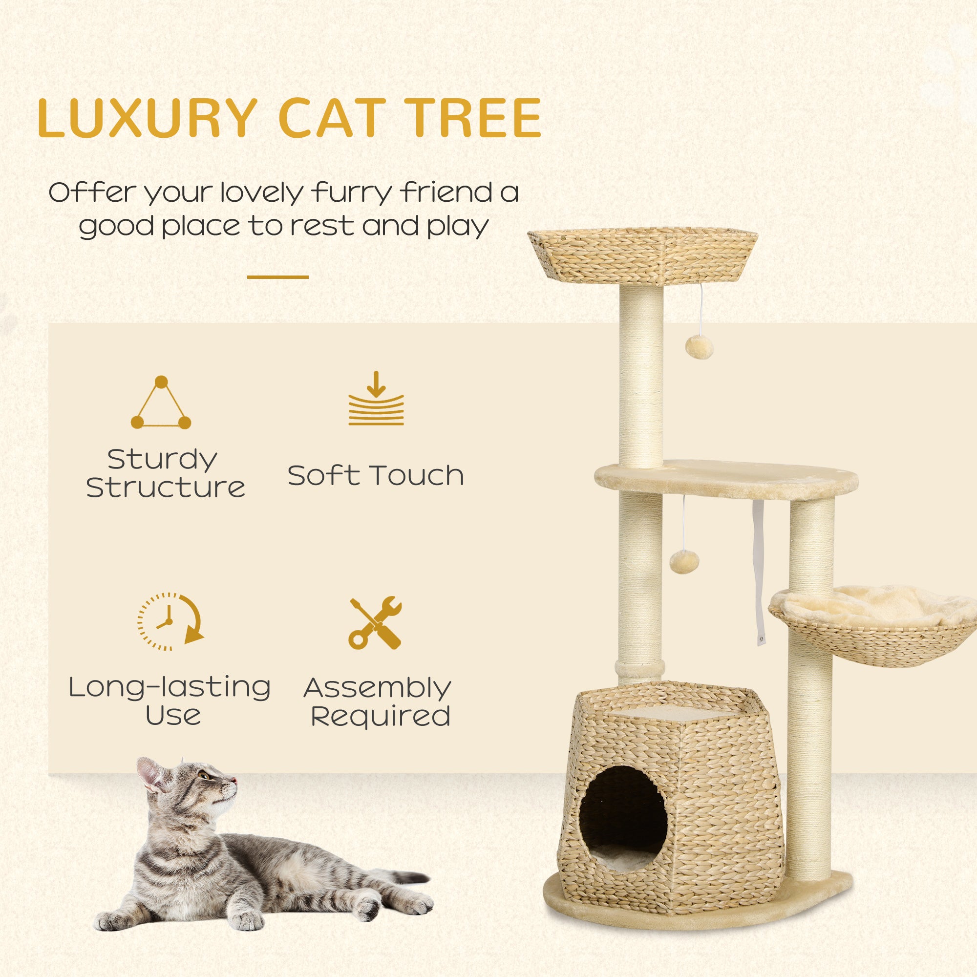 PawHut Cat Tree Activity Centre, with Cattail, Bed, Cat House, Sisal Post, Ball - Natural Tone - North Peak Garden Furniture