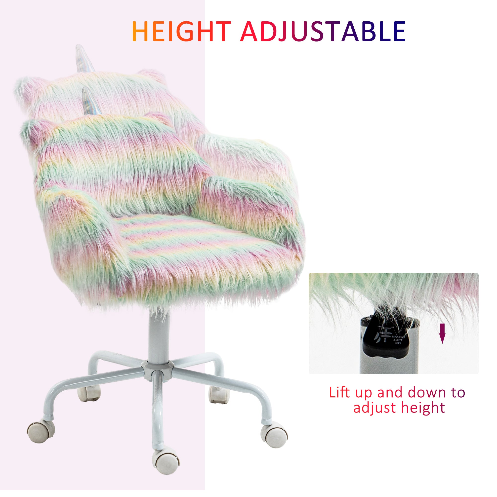 Vinsetto Unicorn Home Office Chair, Height Adjustable Fluffy Desk Chair with Armrests and Swivel Wheels, Colourful - North Peak Garden Furniture