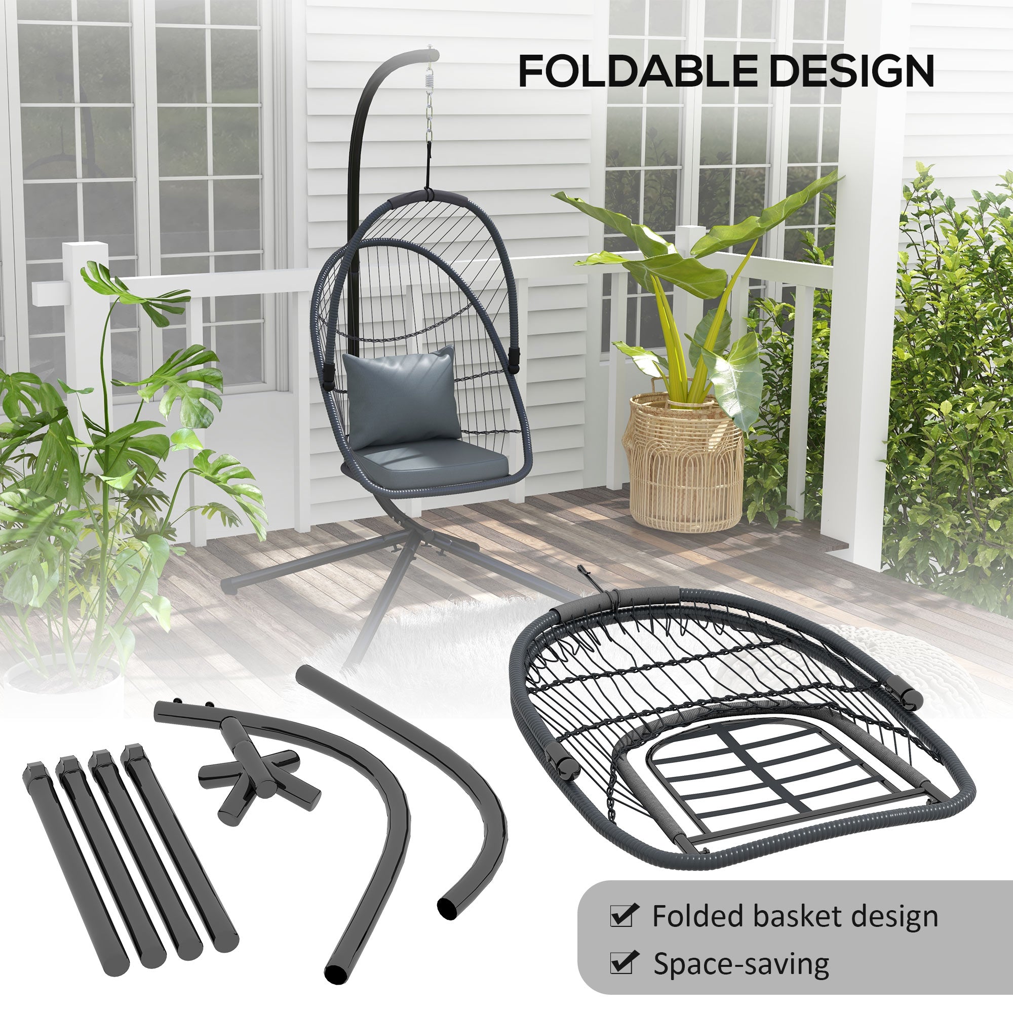 Outsunny Single Egg Chair, with Steel Frame Stand - Grey - North Peak Garden Furniture