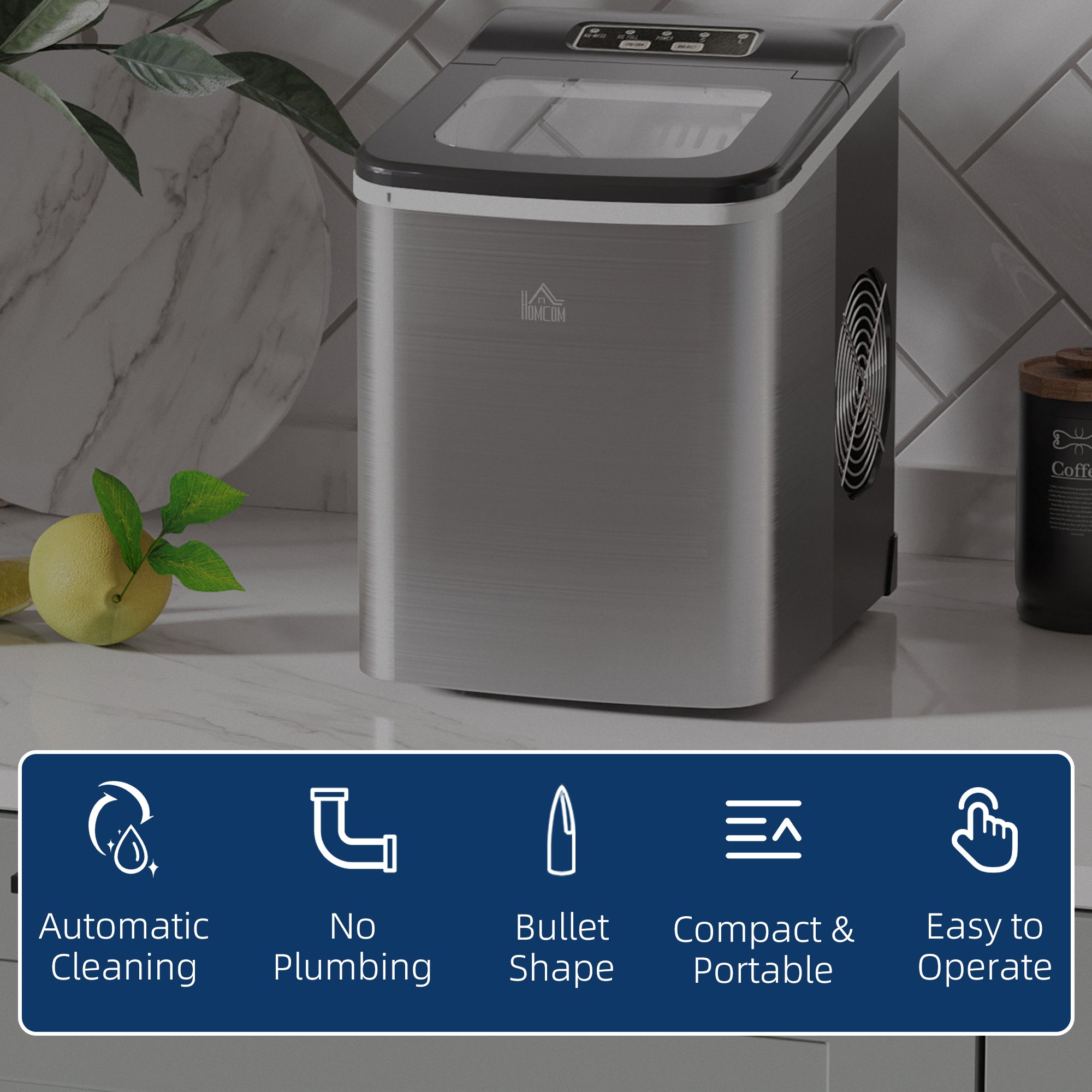 HOMCOM Ice Maker Machine, Counter Top Ice Cube Maker for Home, 9 Ice Cubes per 8 Minutes, 1.8L with Self Cleaning Function, Scoop and Basket Stainless Steel No Plumbing Required Black - North Peak Garden Furniture