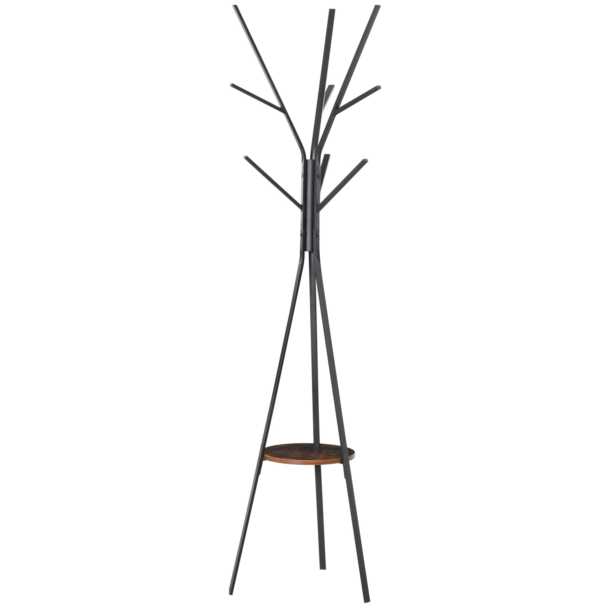 HOMCOM Freestanding Metal Coat Rack Stand 9 Hooks Clothes Tree with 1 Shelf Hat Display Hall Tree Hanger Bag Umbrella Hanging Organiser Brown - North Peak Garden Furniture