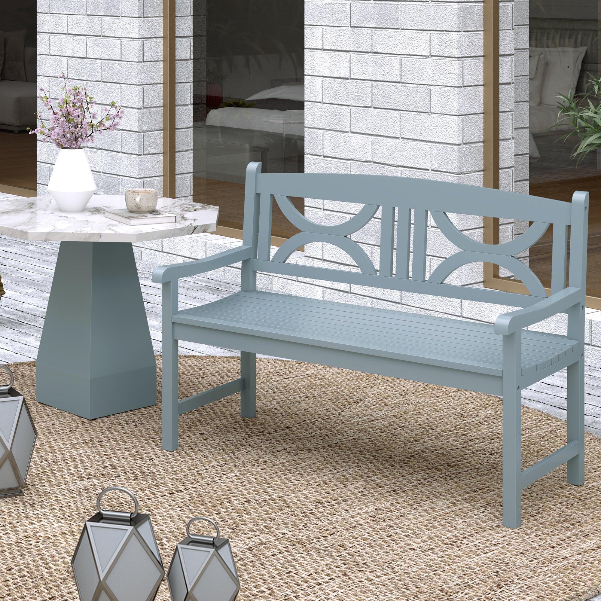 Outsunny 2-Seater Wooden Garden Bench Outdoor Patio Loveseat for Porch, Grey - North Peak Garden Furniture