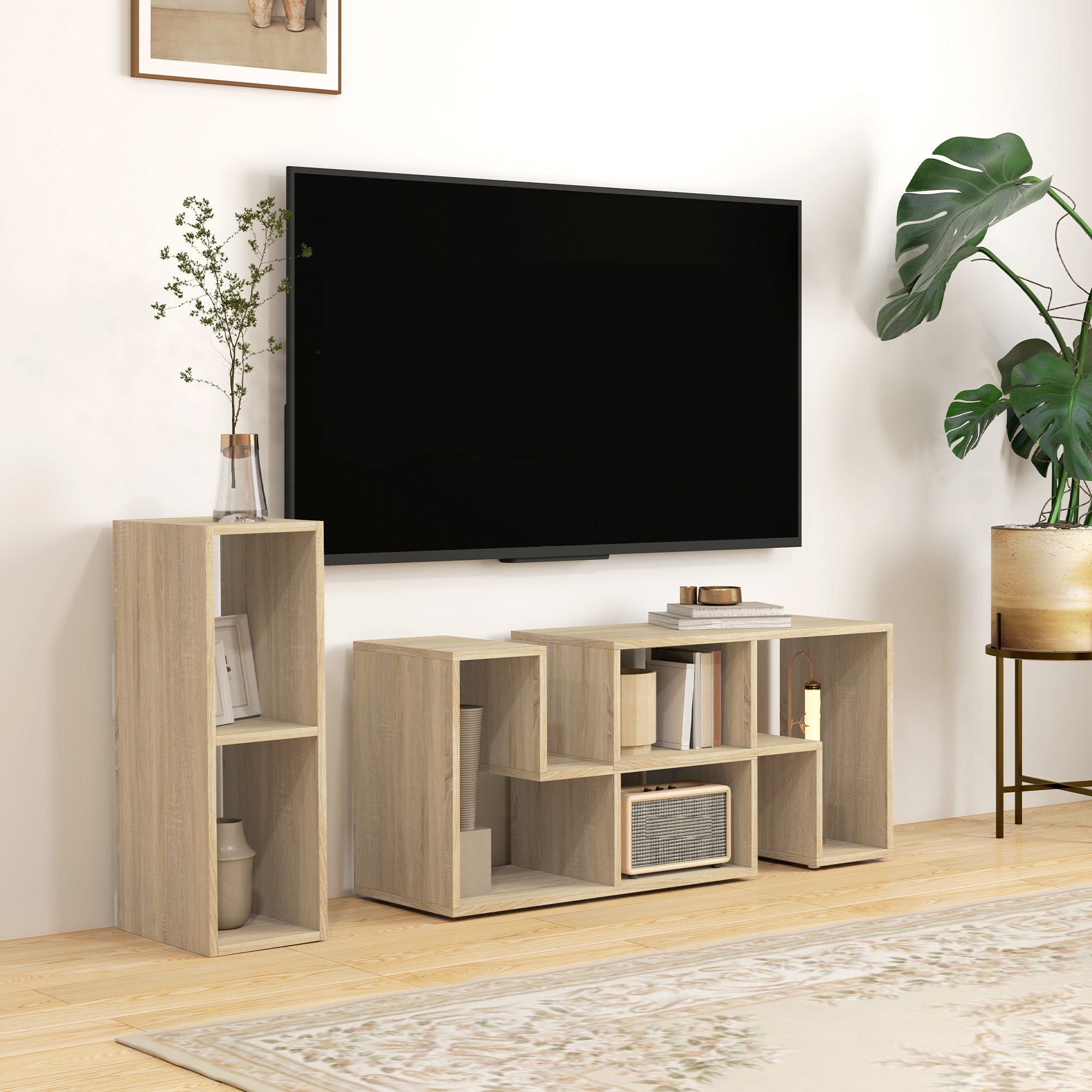 HOMCOM TV Stand for TVs up to 75 Inches, Free Combination TV Unit with Storage Shelves, Extendable Entertainment Centre for Living Room, Grey Oak Wood Grain - North Peak Garden Furniture