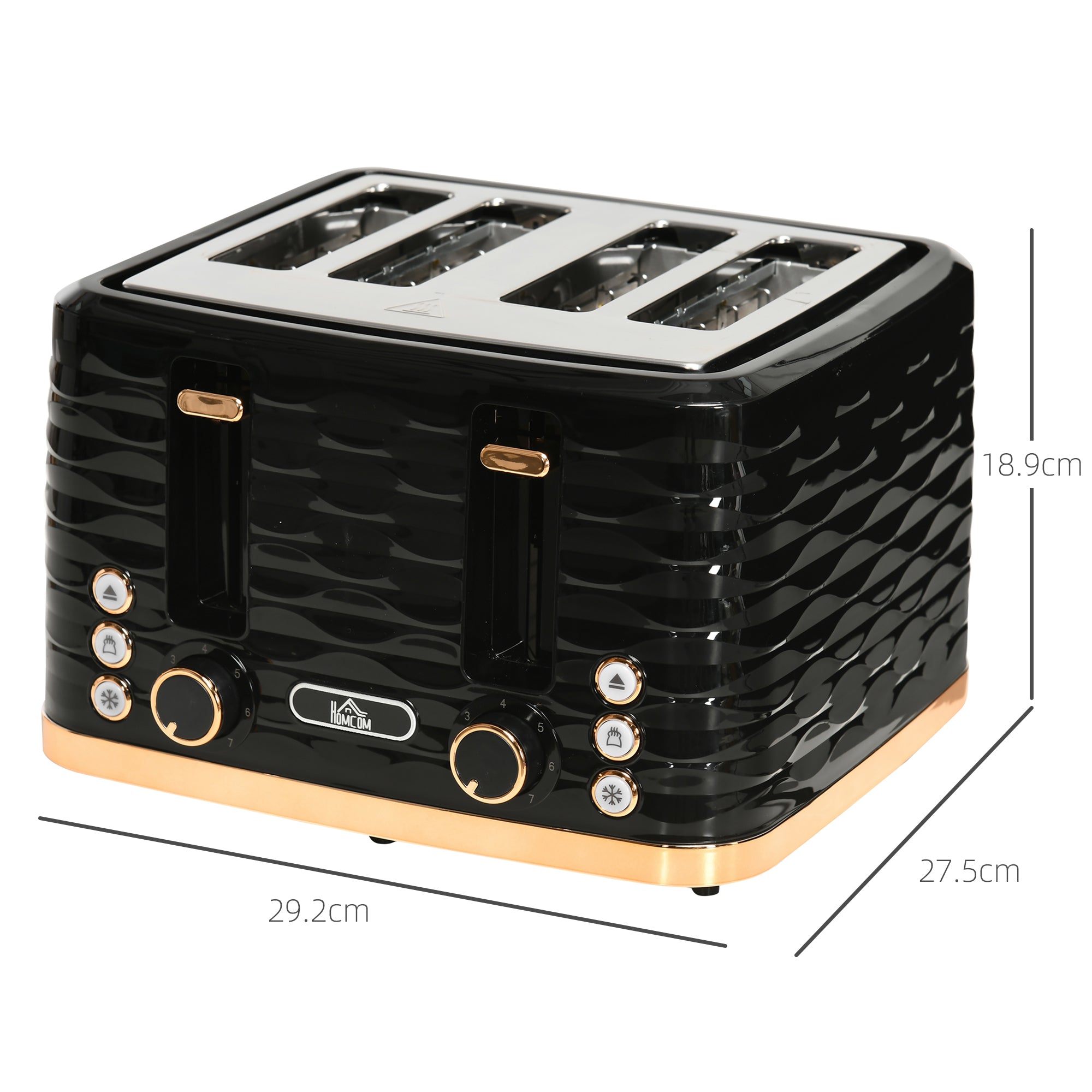 HOMCOM 4 Slice Toaster with 7 Browning Levels, High Lift, Reheat/Defrost/Cancel, Self-centring Function, Removable Crumb Tray, Auto Off, 1600W, Black Water Ripple Texture - North Peak Garden Furniture