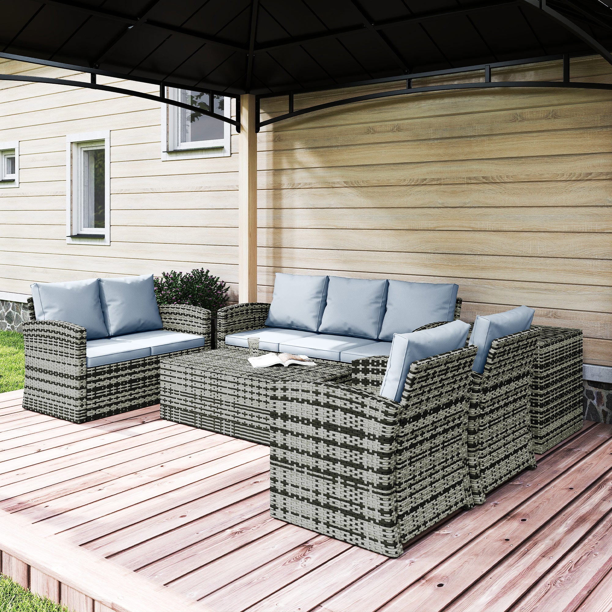 Outsunny 6 Pieces Rattan Garden Furniture Set, 7 Seater Wicker Outdoor Furniture Set with Storage Tea Table & Side Table, Sectional Garden Sofa Set with Cushions, Grey