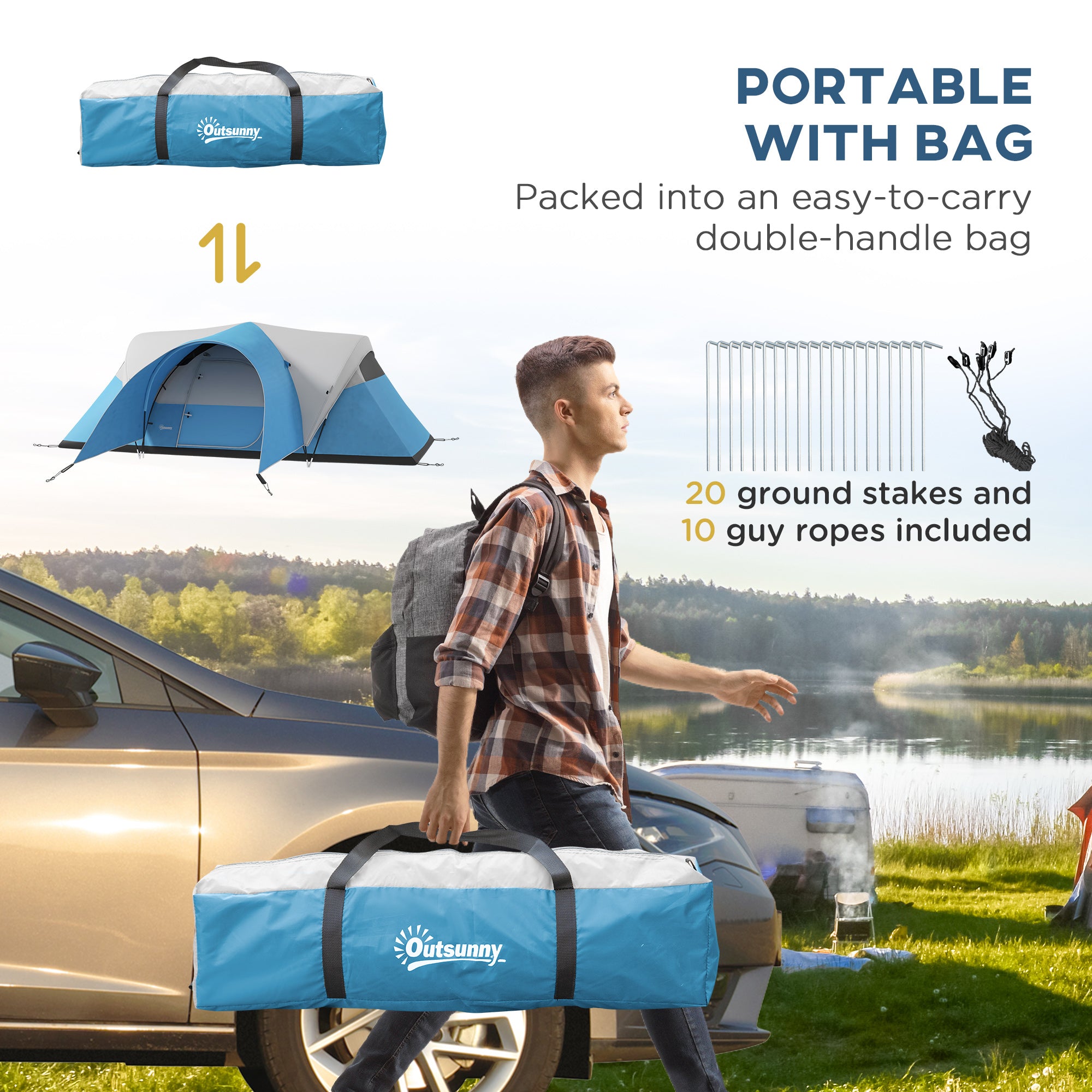 Outsunny 3000mm Waterproof Camping Tent for 5-6 Man, Family Tent with Porch and Sewn in Groundsheet, Portable with Bag, Blue - North Peak Garden Furniture