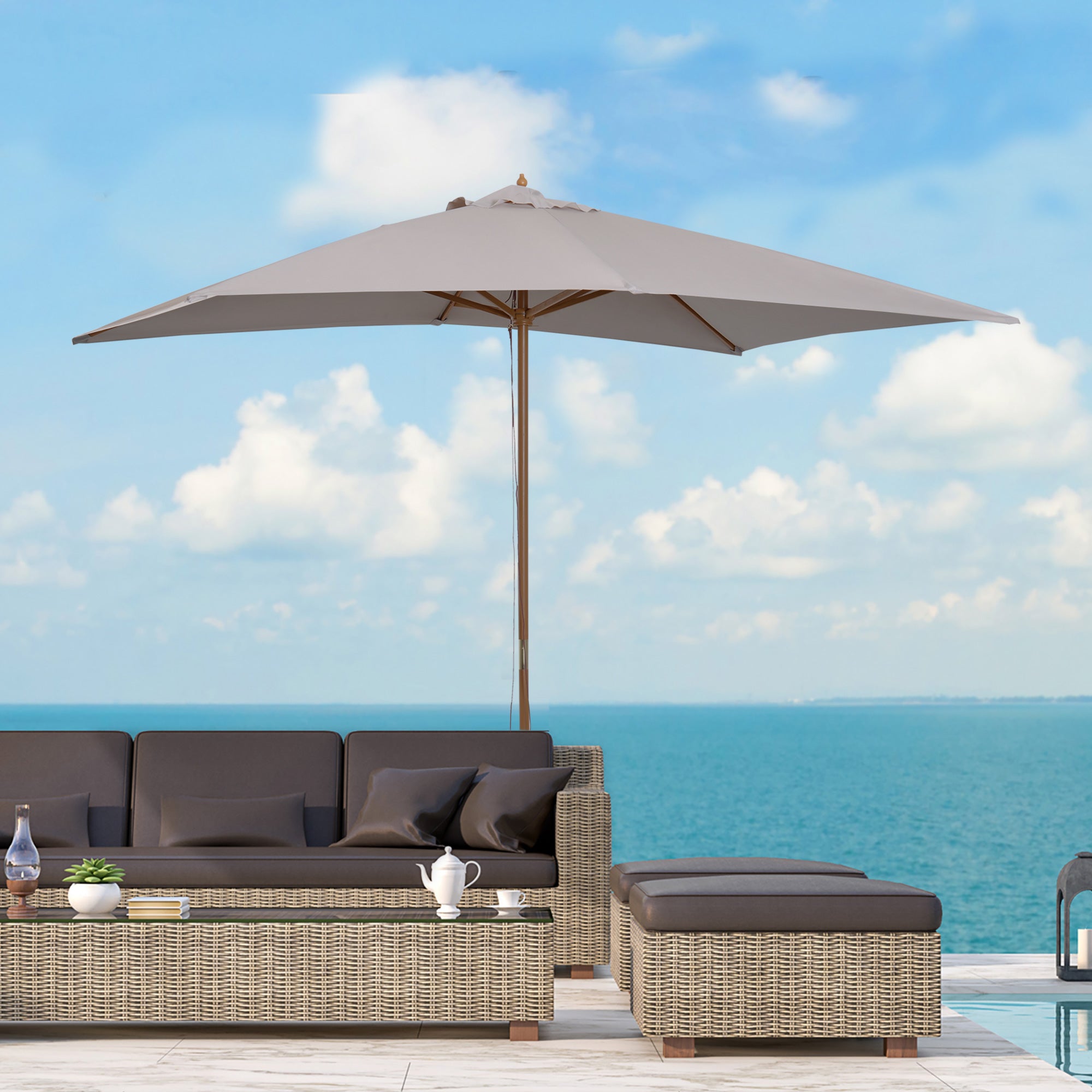 Outsunny 2 x 3m Wooden Garden Parasol Umbrella Outdoor Sun Shade Canopy, Light Grey - North Peak Garden Furniture