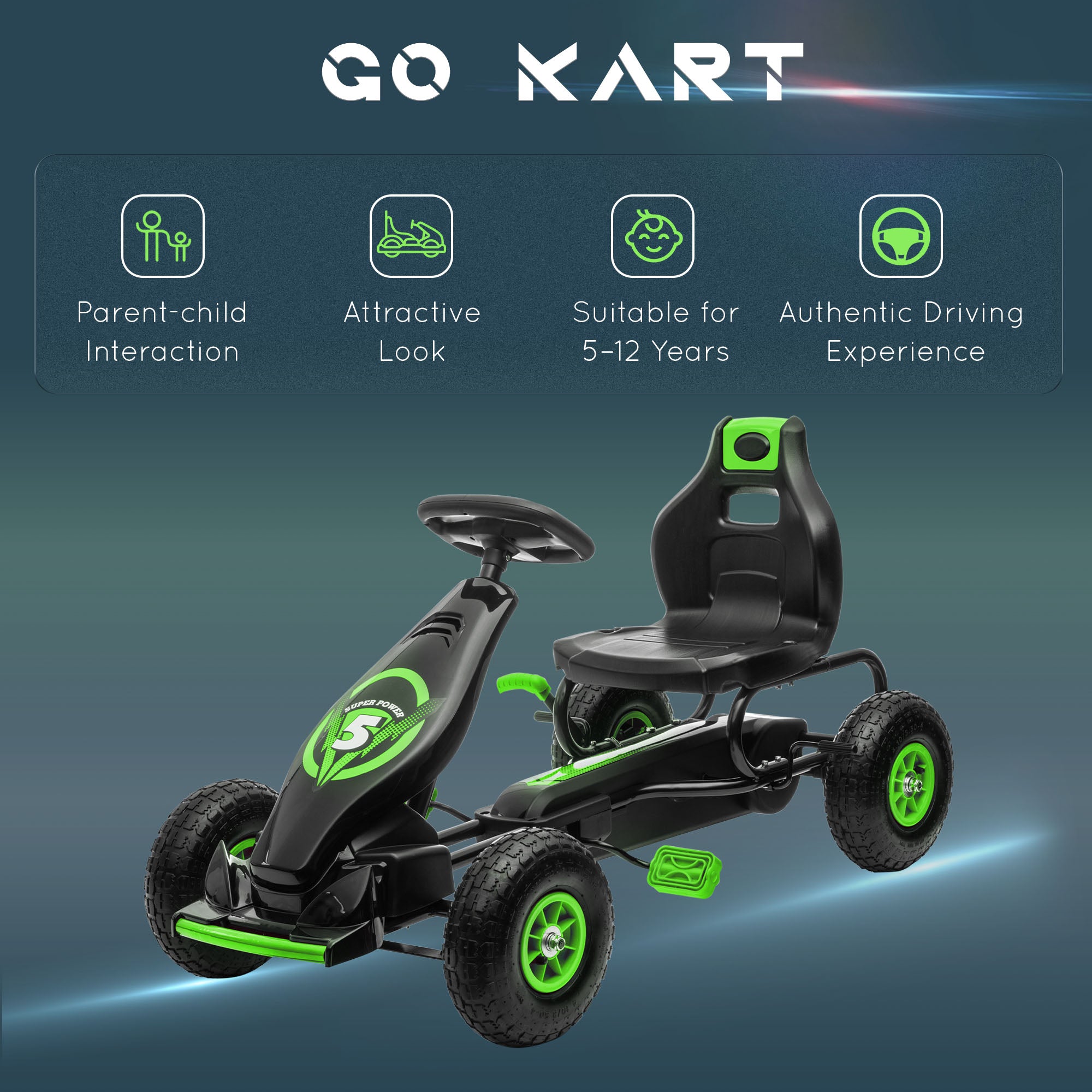 HOMCOM Kids Pedal Go Kart, with Adjustable Seat, Inflatable Tyres - Green - North Peak Garden Furniture