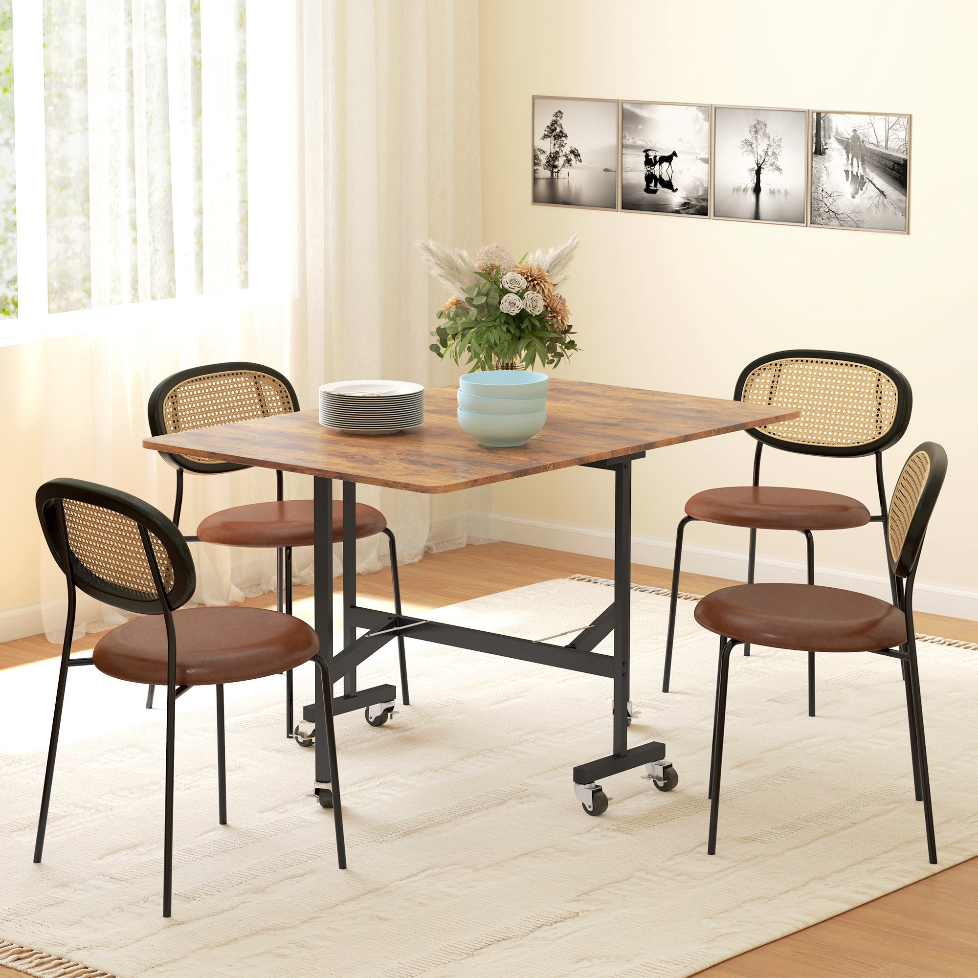 HOMCOM Six-Seater Drop-Leaf Dining Table, with Wheels - Brown Wood-Effect - North Peak Garden Furniture