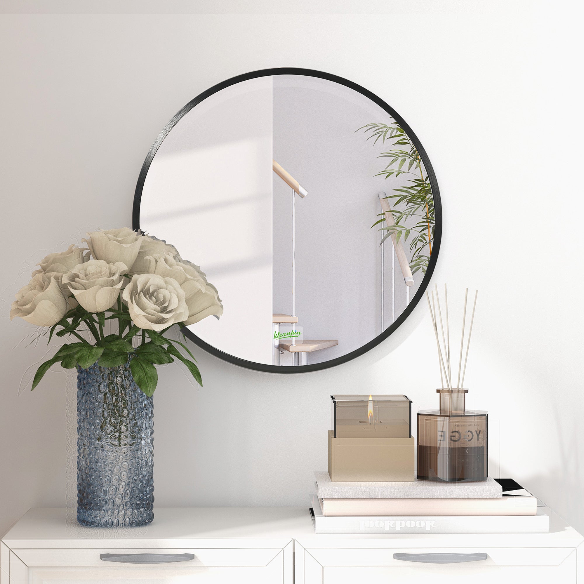kleankin Round Bathroom Mirror, Modern Wall-mounted Makeup Mirror with Aluminium Frame for Washroom Living Room, Black, 40x40 cm - North Peak Garden Furniture