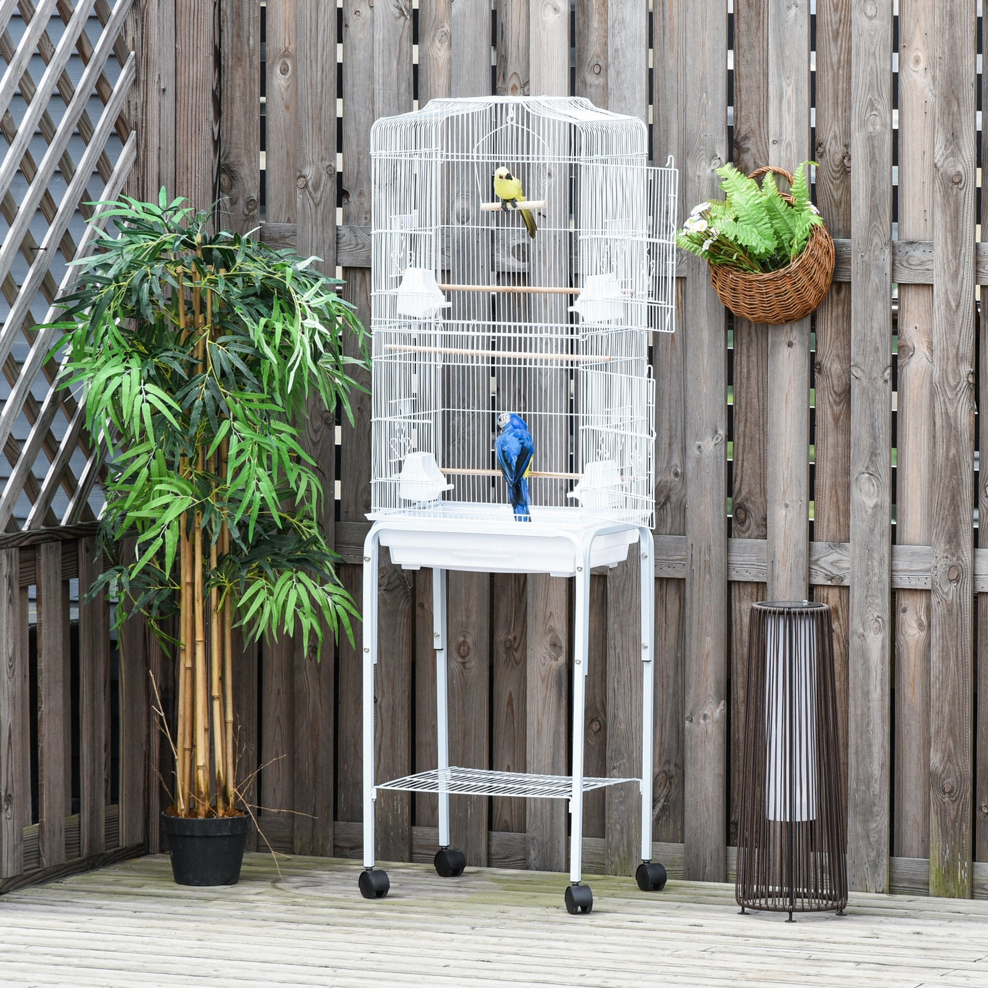 PawHut Bird Cage Budgie Cages for Finch Canary Parakeet with Stand Wheels Slide-out Tray Accessories Storage Shelf, White 46.5 x 36 x 157 cm - North Peak Garden Furniture