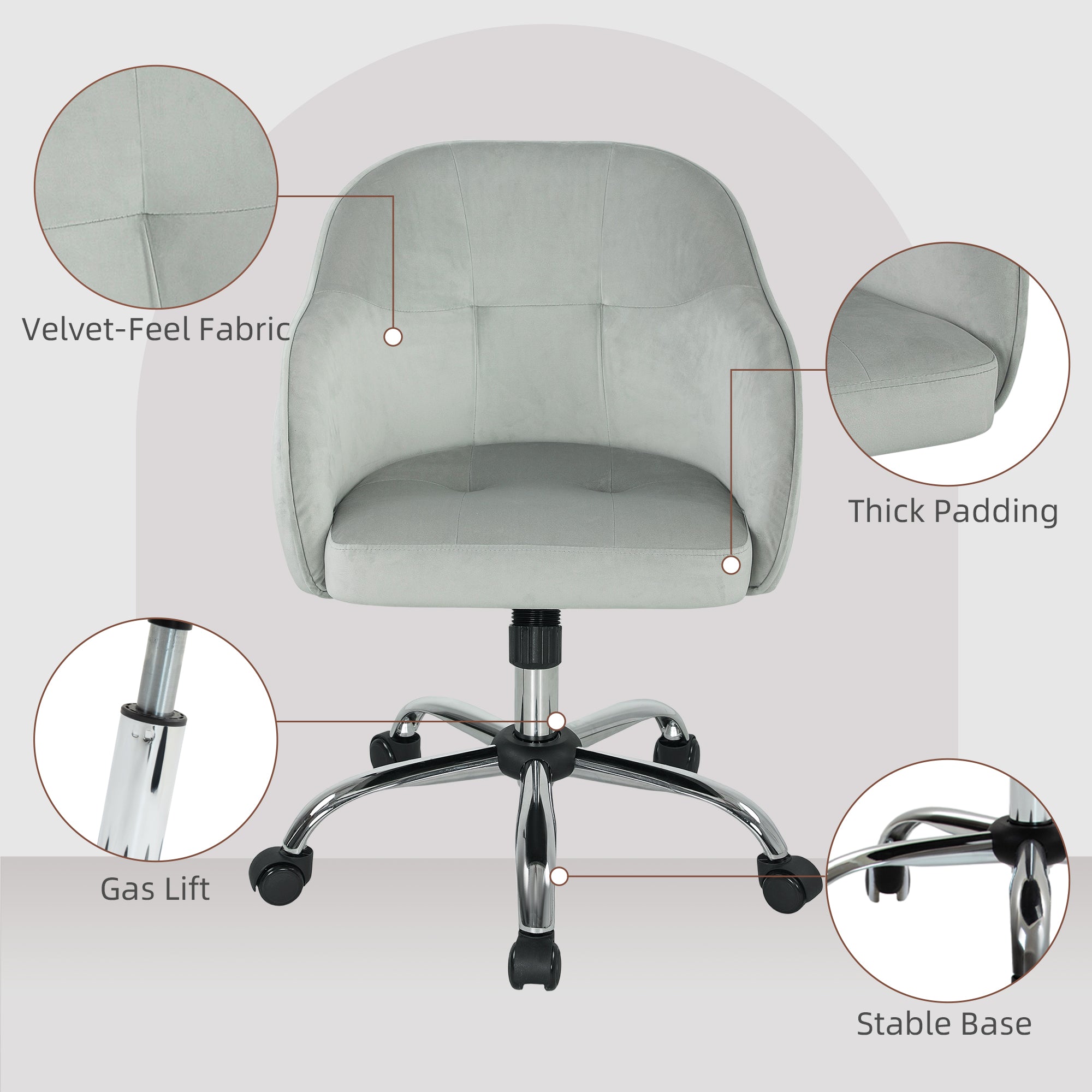 HOMCOM 46-56 cm Velvet-feel Office Chair - Grey