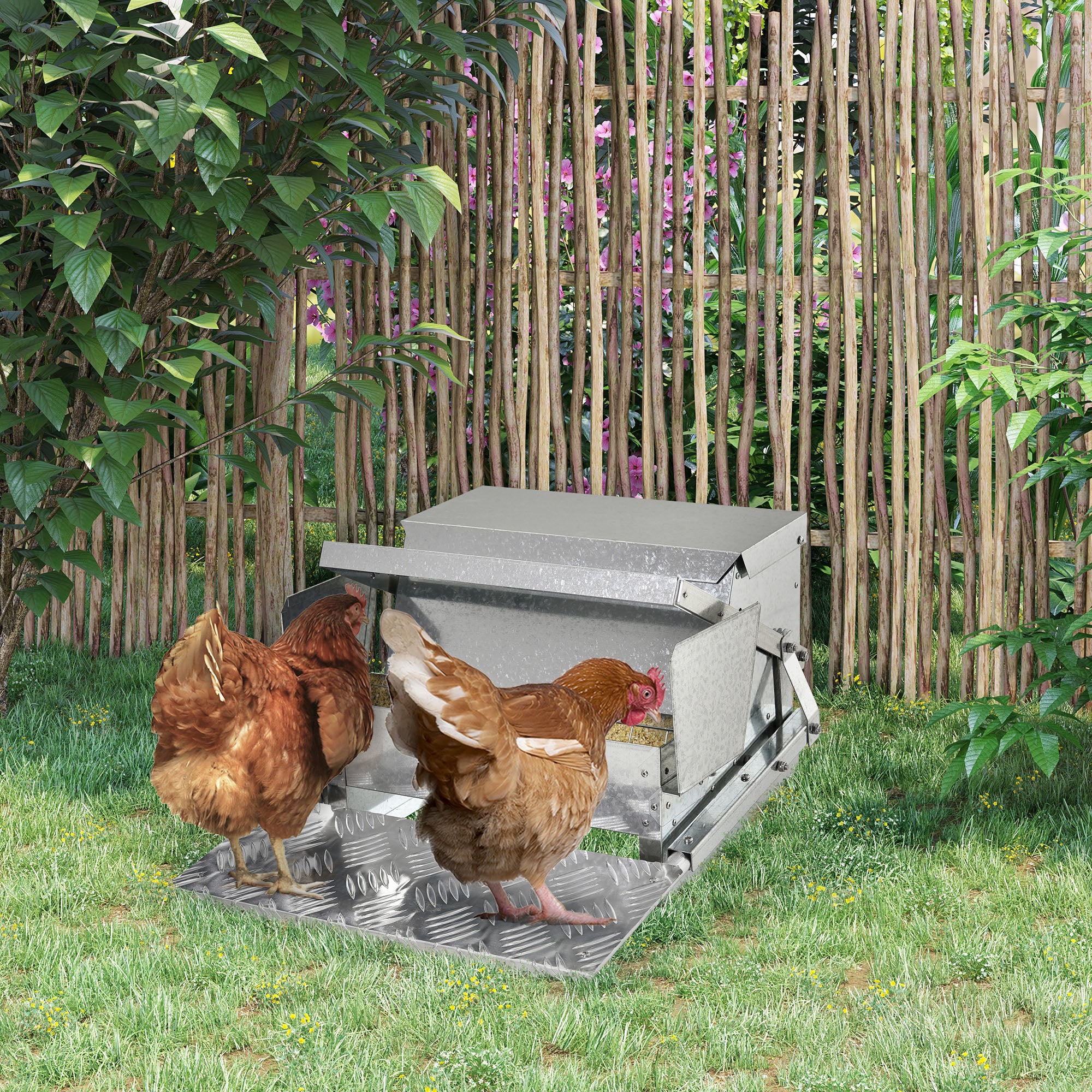 PawHut 11.5KG Automatic Chicken Poultry Feeder Rat Proof Treadle Self Opening with Galvanized Steel and Aluminium - North Peak Garden Furniture