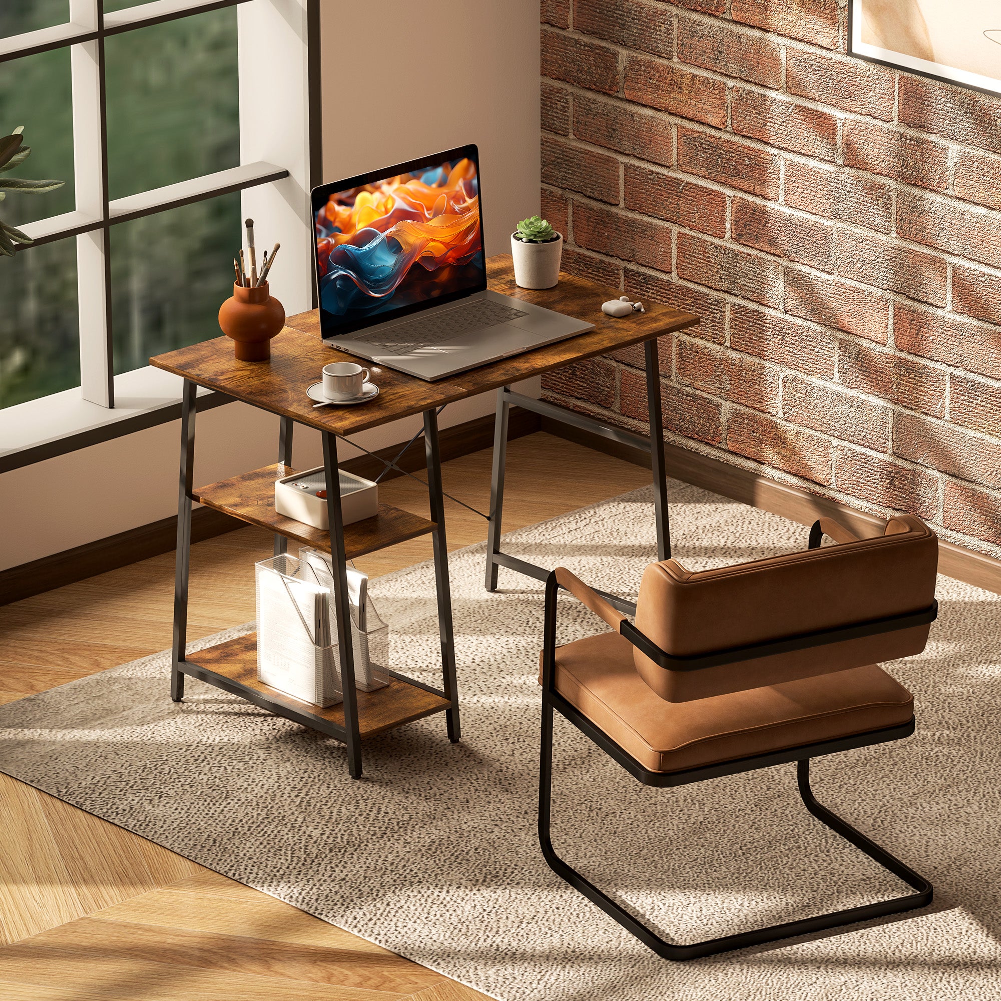 HOMCOM 100cm Computer Desk with Storage, Industrial Home Office Desk with 2 Tier Shelves and Steel Frame, Computer Table for Study Room, Rustic Brown - North Peak Garden Furniture