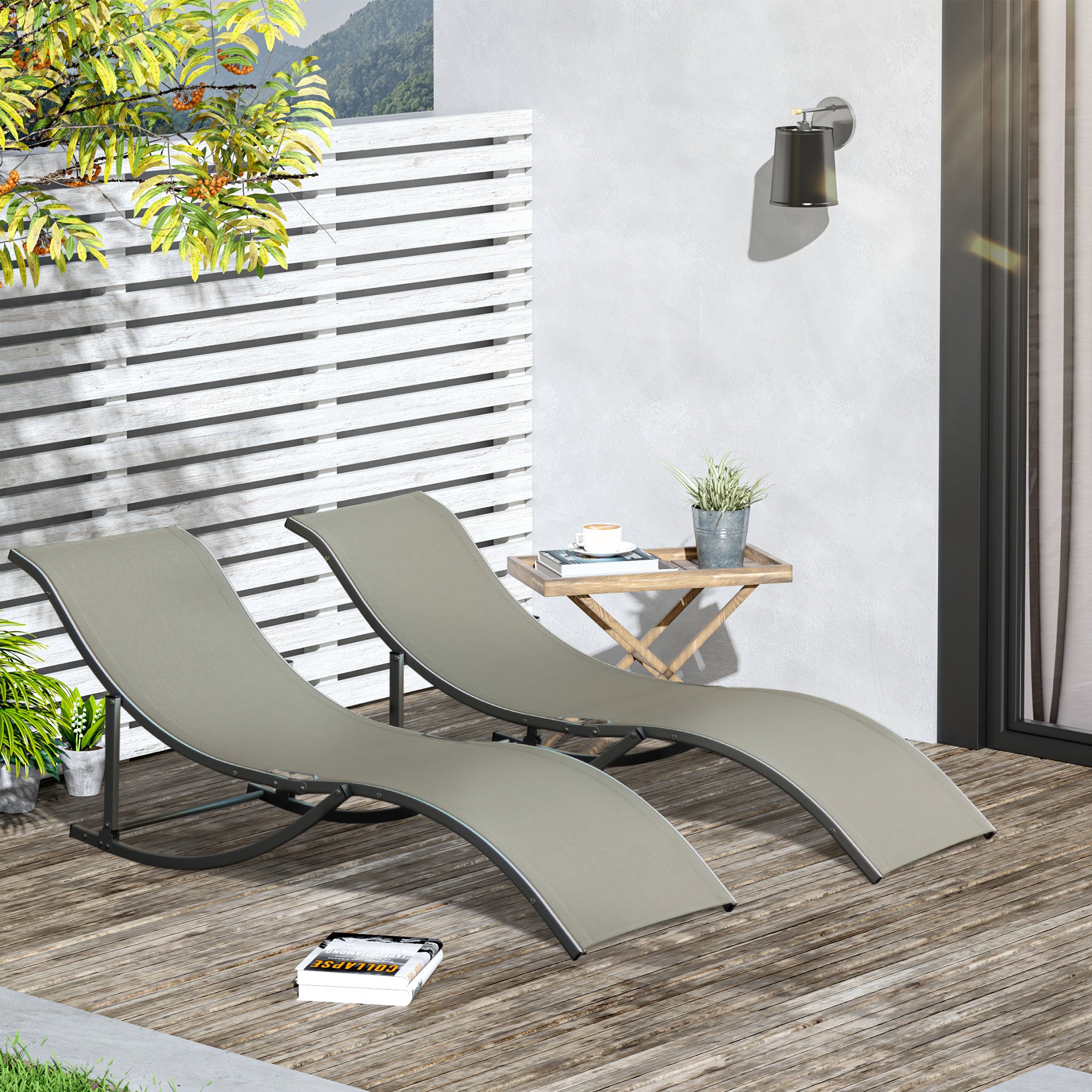 Outsunny Set of 2 S-shaped Foldable Lounge Chair Sun Lounger Reclining Outdoor Chair for Patio Beach Garden, Light Grey - North Peak Garden Furniture