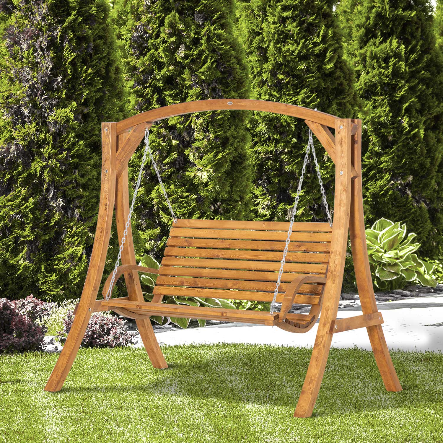 Outsunny 2 Seater Garden Swing Seat Swing Chair, Outdoor Wooden Swing Bench Seat - North Peak Garden Furniture