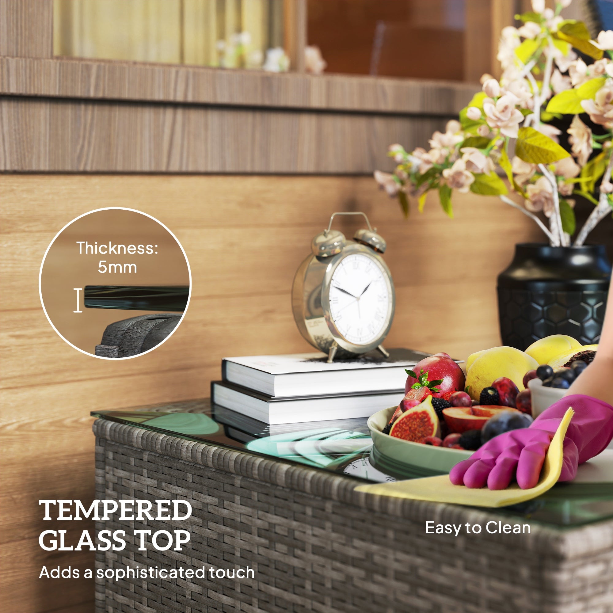 Outsunny 62 x 62cm Glass-Top Rattan Side Table - Black - North Peak Garden Furniture