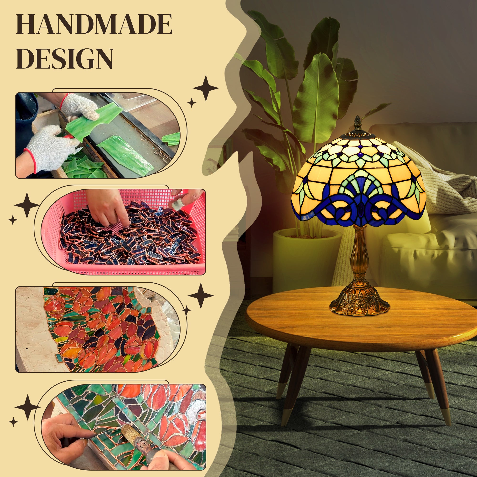 HOMCOM Stained Glass Table Lamp, Handmade Antique Bedside Lamp for Bedroom, Living room, Home, Nightstand, Decorative Night Light, Blue - North Peak Garden Furniture