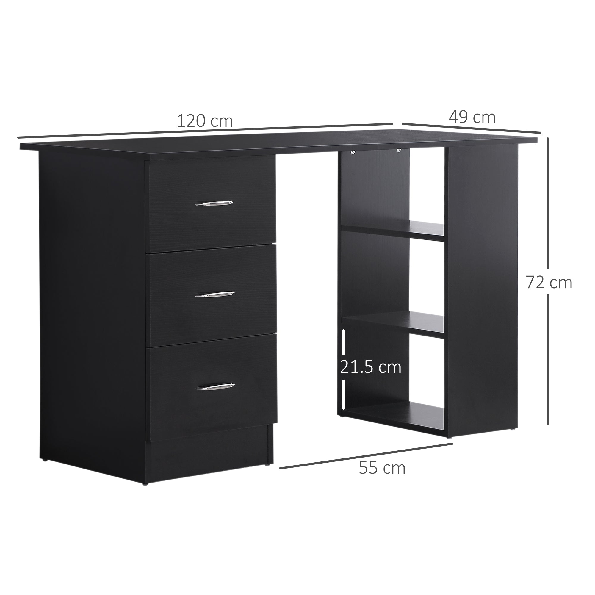 HOMCOM Computer Desk, Writing Table, PC Workstation with 3 Storage Shelves and Drawers, Silver Handle, for Home Office, Black - North Peak Garden Furniture