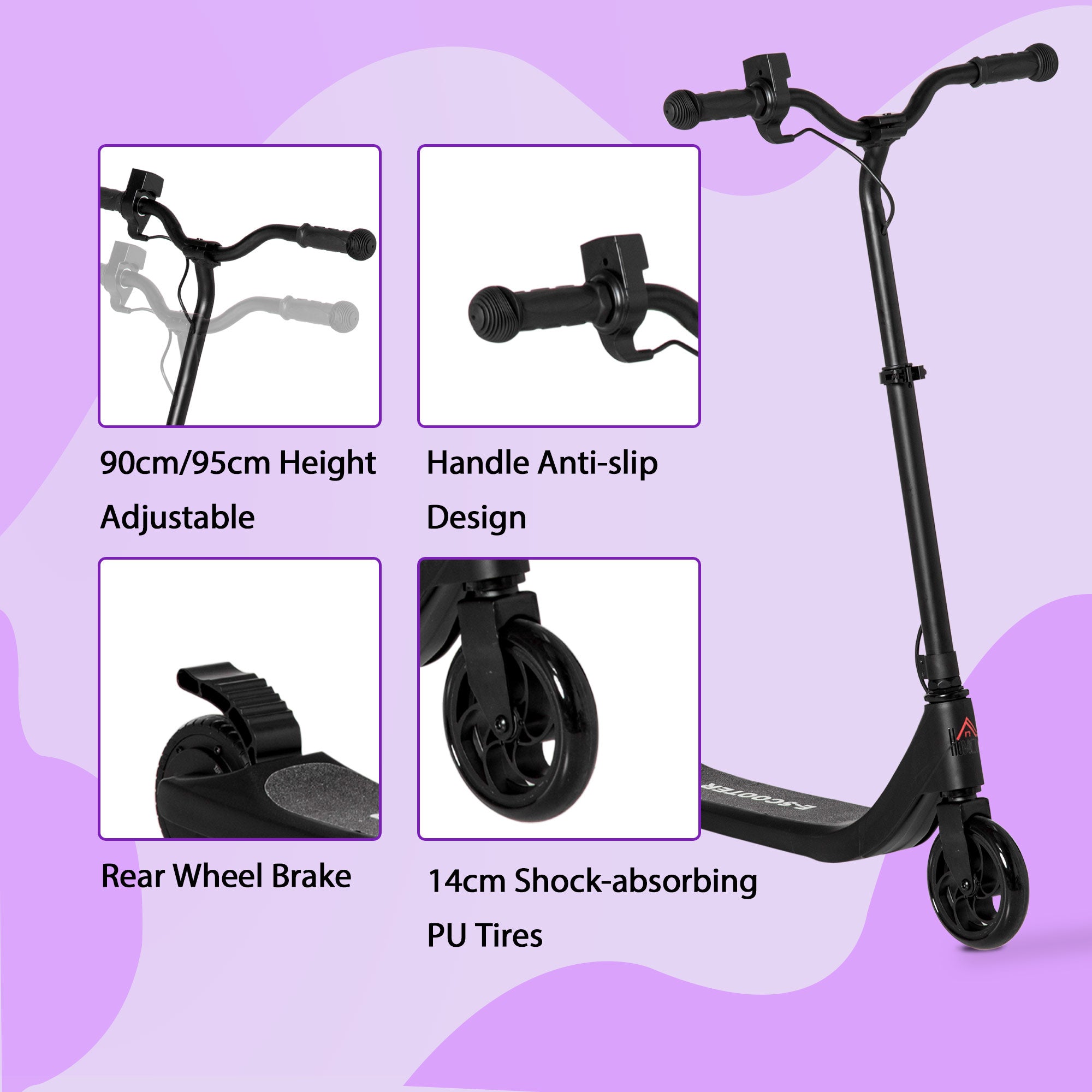 HOMCOM Electric Scooter, 120W Motor E-Scooter with Battery Display, Adjustable Height, Rear Brake for Ages 6+ Years - Black