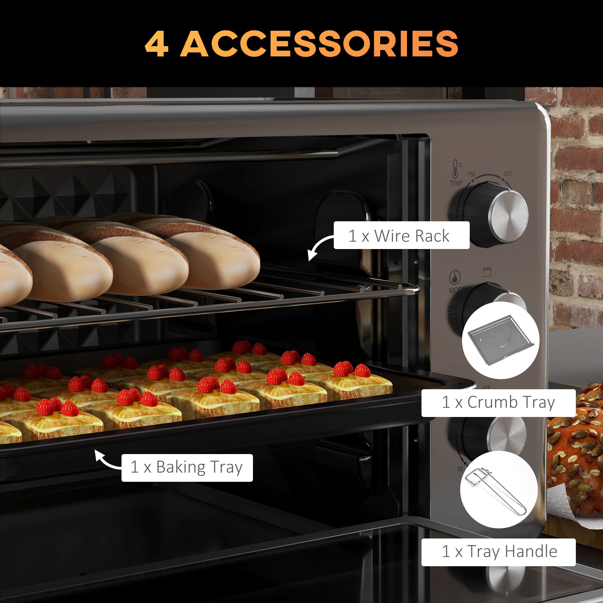 HOMCOM 30L 60-230℃ Mini Electric Oven, with Accessories - Silver Tone - North Peak Garden Furniture