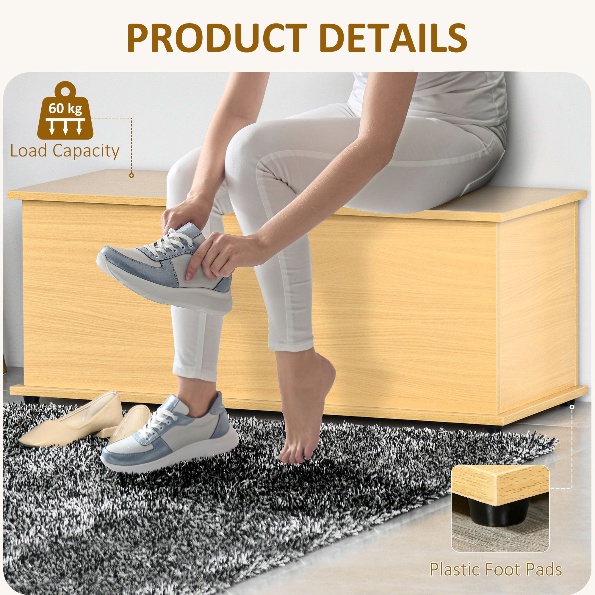 HOMCOM Wooden Storage Box Clothes Toy Chest Bench Seat Ottoman Bedding Blanket Trunk Container with Lid - Burlywood - North Peak Garden Furniture