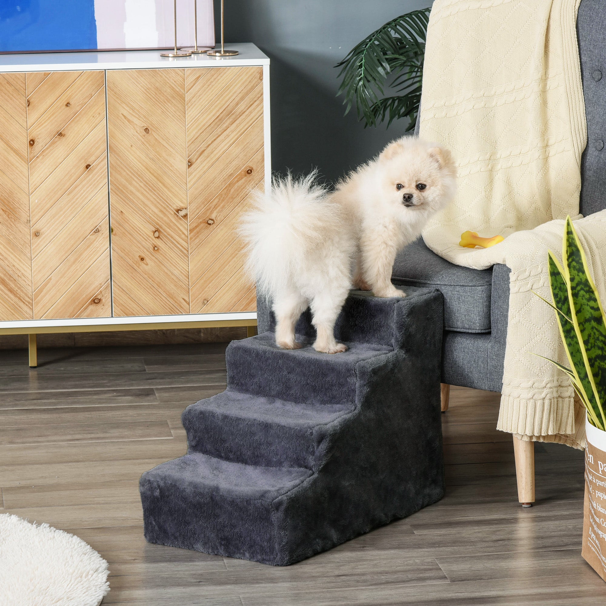 PawHut Four-Step Dog Stairs, with Washable Plush Cover, for High Bed Sofa, Dog Stairs for Small Dog and Cat - Dark Grey - North Peak Garden Furniture