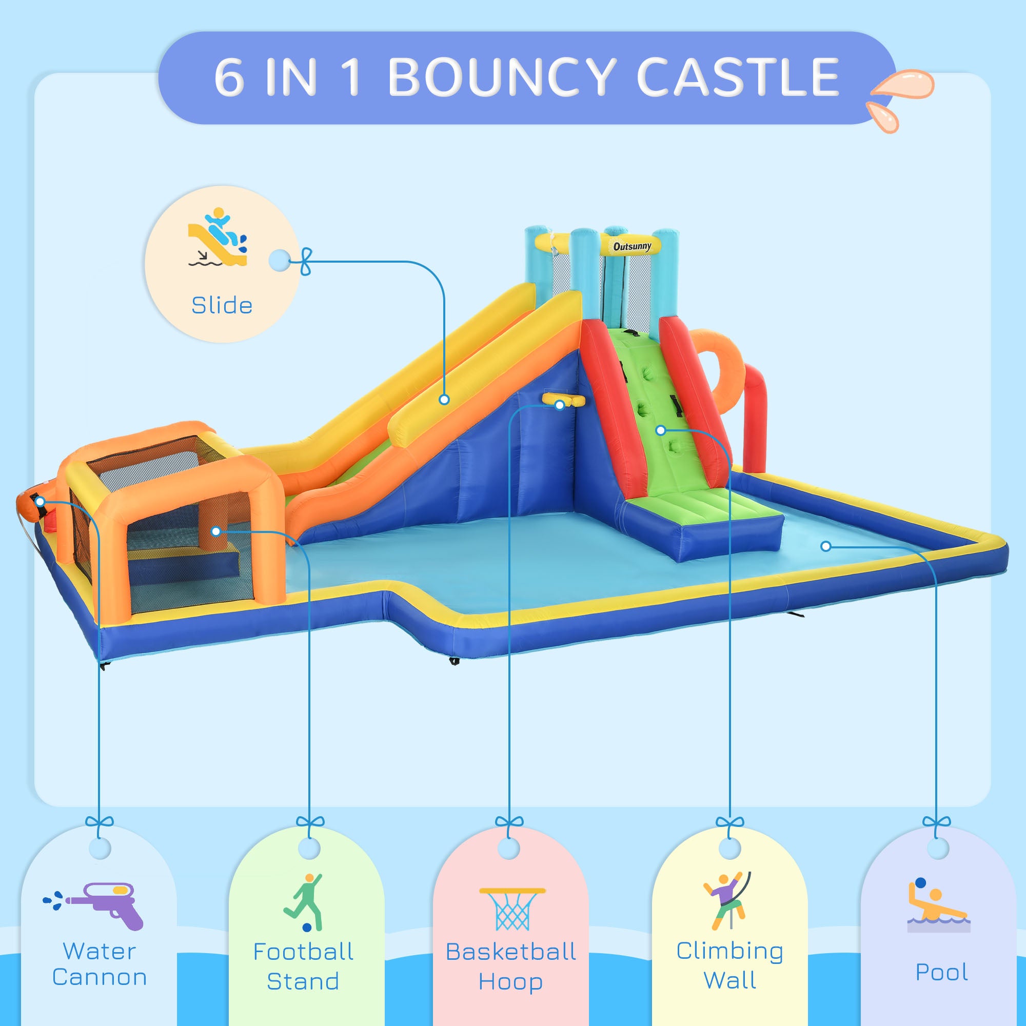 Outsunny 6 in 1 Bouncy Castle with Slide, Pool, Climbing Wall, Water Cannon, Basketball Hoop, Football Stand, for Ages 3-8 Years