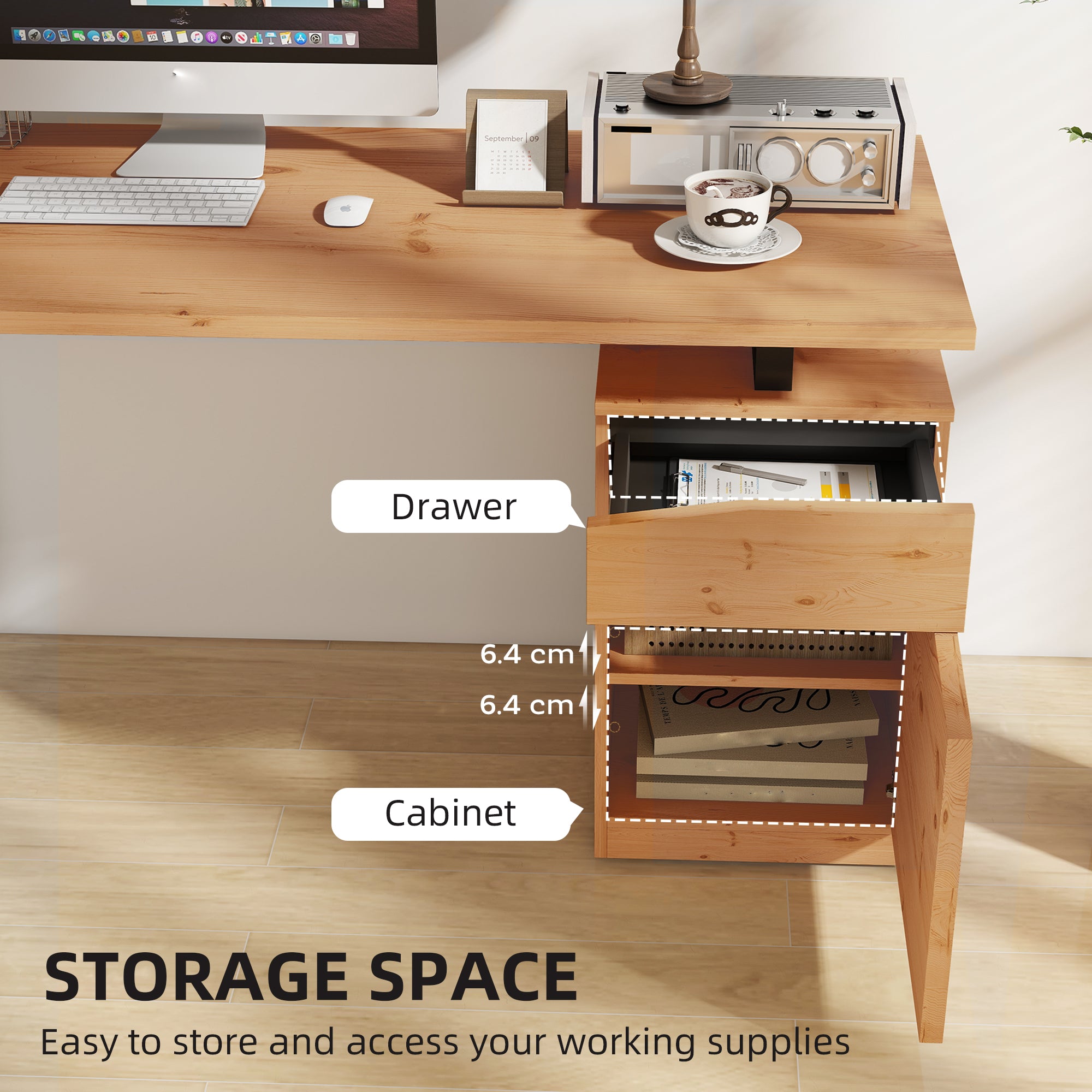 HOMCOM Computer Desk, Writing Desk with Cabinet, Drawer, Metal Legs, Work Table for Home Office Study, Natural Wood Finish