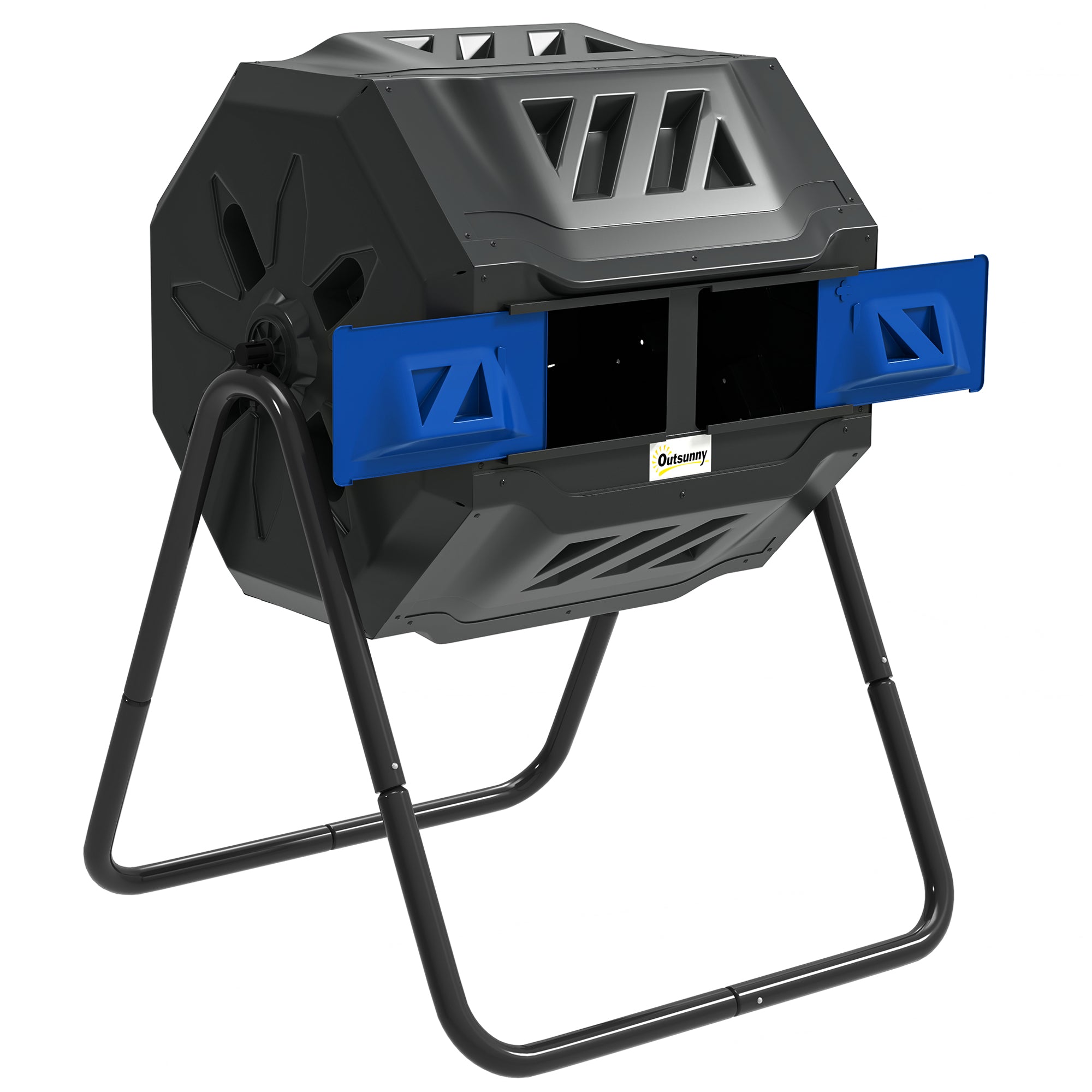 Outsunny 160L Tumbling Compost Bin Outdoor Dual Chamber 360° Rotating Composter, Garden Compost Bin w/ Sliding Doors & Solid Steel Frame, Blue - North Peak Garden Furniture