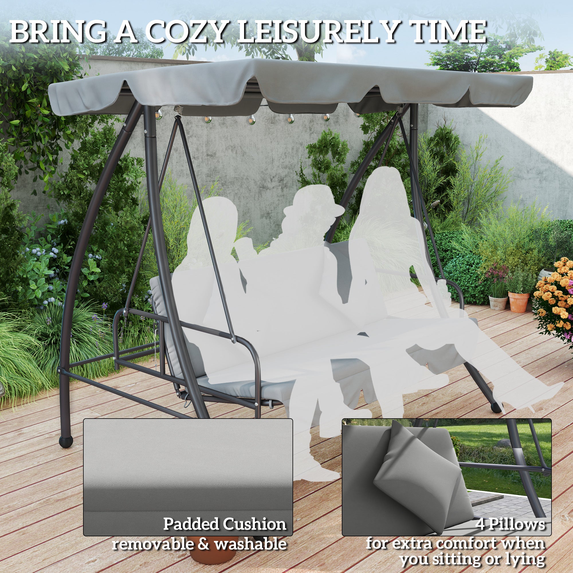 Outsunny Outdoor 2-in-1 Swing Chair Lounger 3 Seater Garden Swing Seat Bed Convertible Tilt Canopy W/ Cushion, Light Grey
